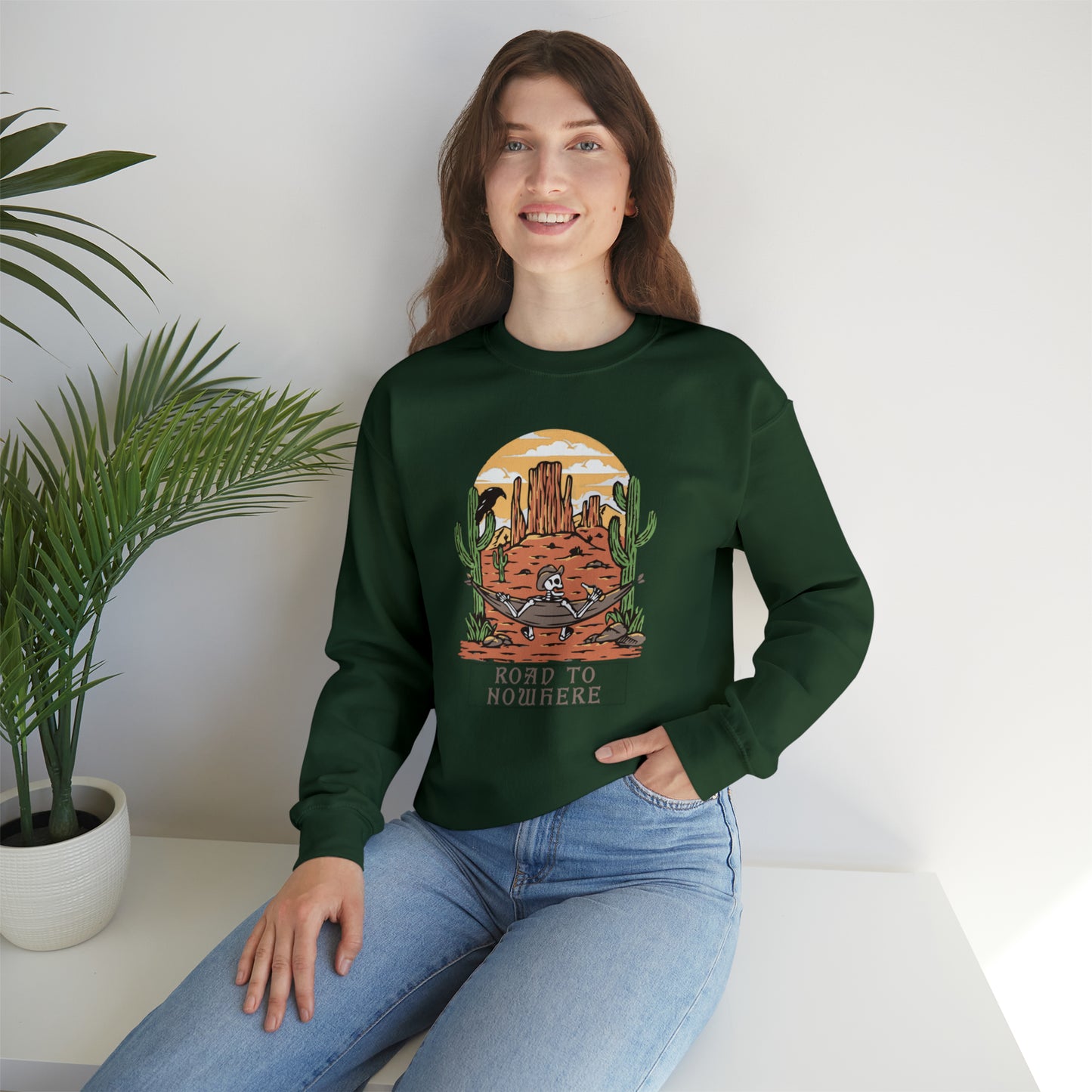 Road to Nowhere Skeleton Fall Halloween Retro Warm Colored Unisex Heavy Blend™ Crewneck Sweatshirt