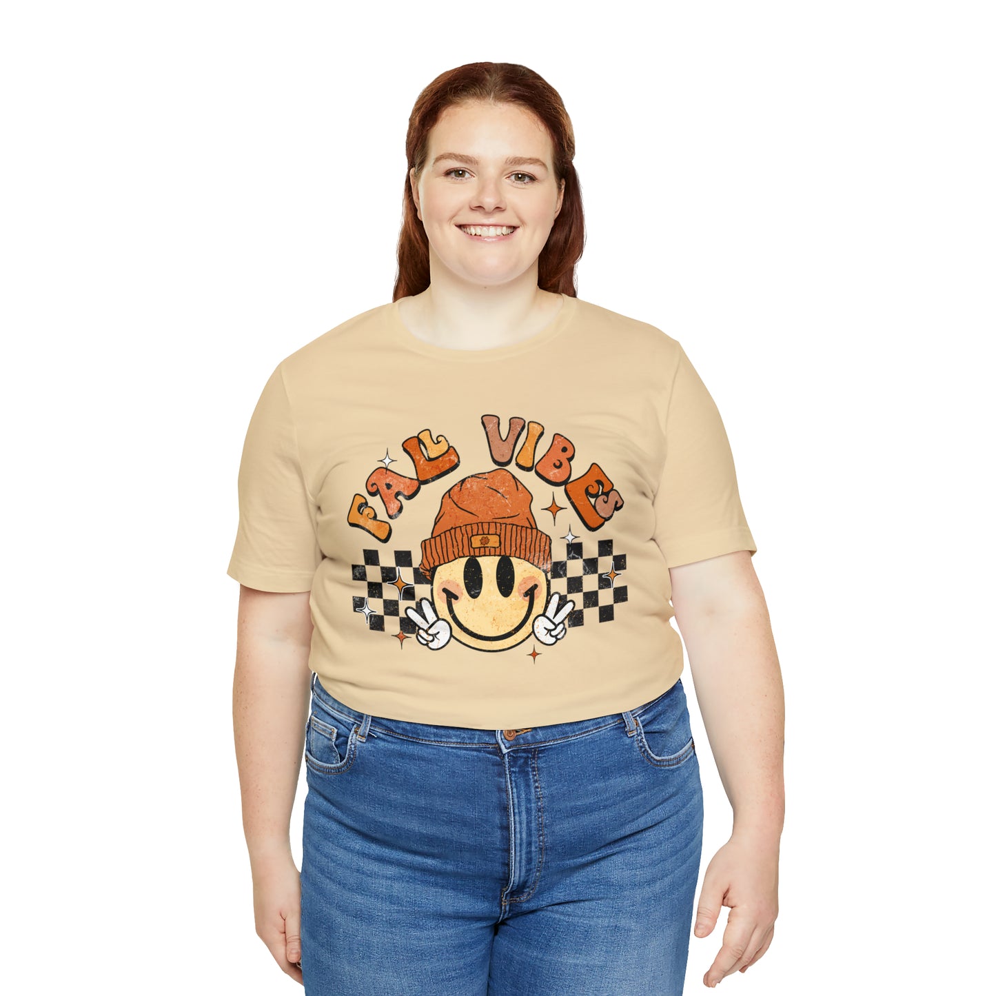 Distressed Halloween Fall Vibes Smiley Face with Beanie and Peace Sign T-Shirt