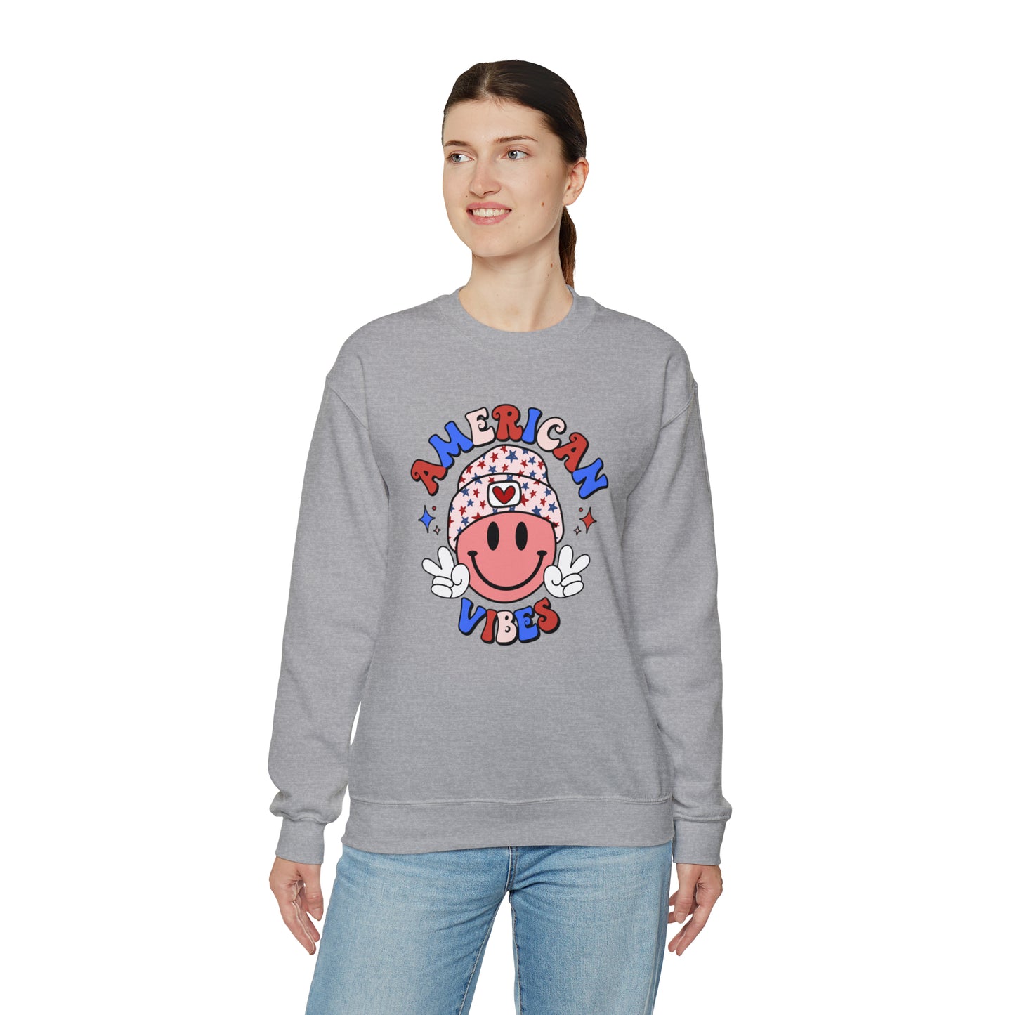 USA American Vibes Smiley Face with Heart Beanie and Peace Signs Heavy Blend™ Crewneck Sweatshirt
