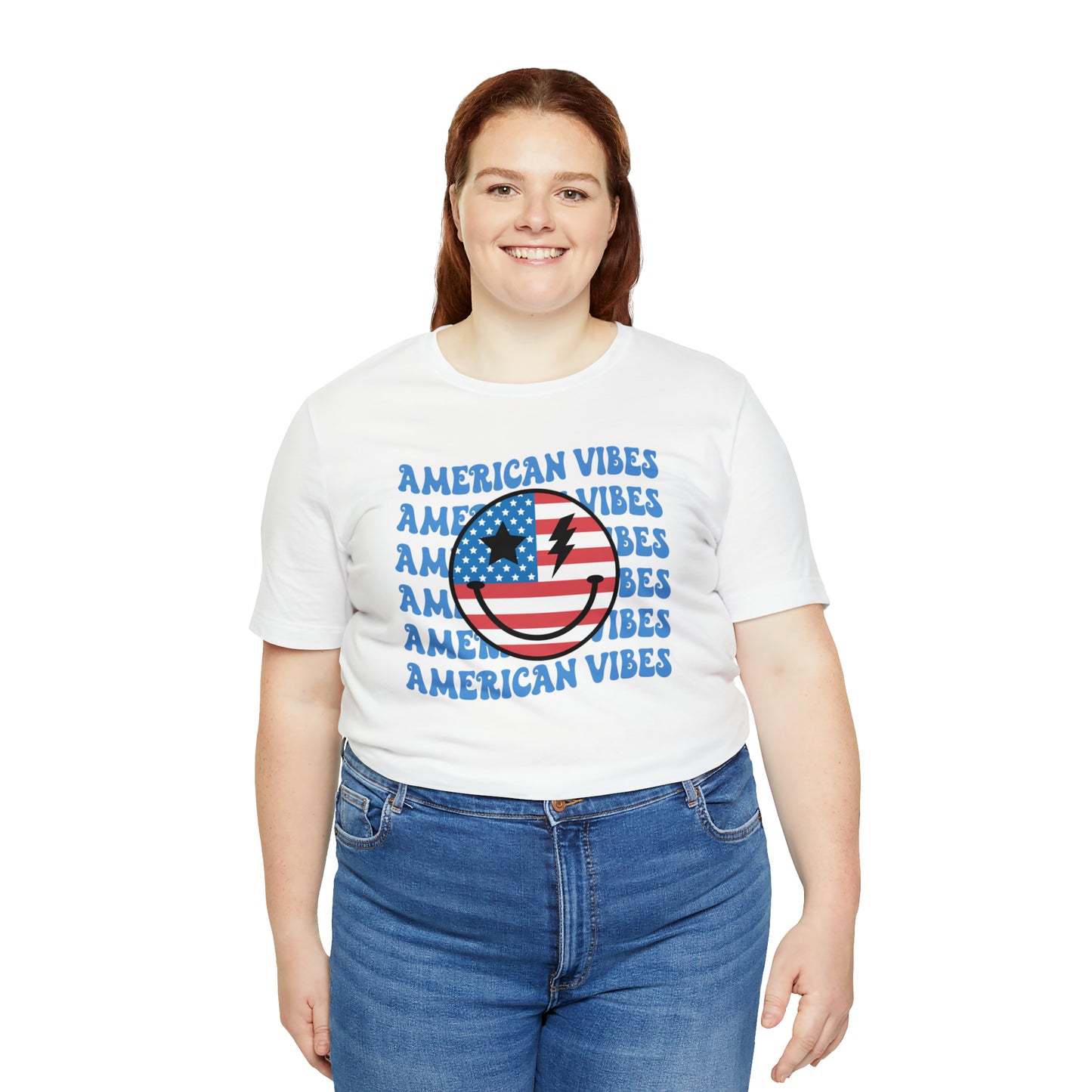 USA American Vibes American Flag Smiley Face Unisex Jersey Short Sleeve Tee