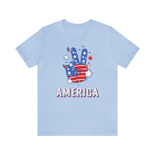 America USA Stars Peace Sign with Hands Unisex Jersey Short Sleeve Tee