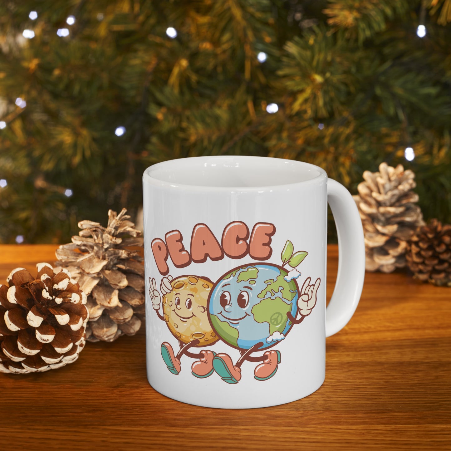 Earth and Moon Characters Spreading World Peace Ceramic Mug 11oz