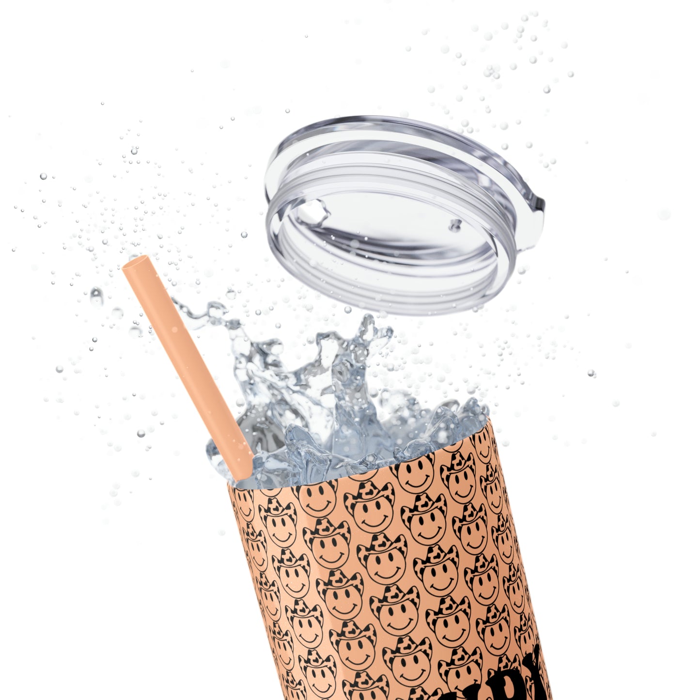 Howdy Howdy Howdy Smiley Face with Cowboy Hat Skinny Tumbler with Straw, 20oz