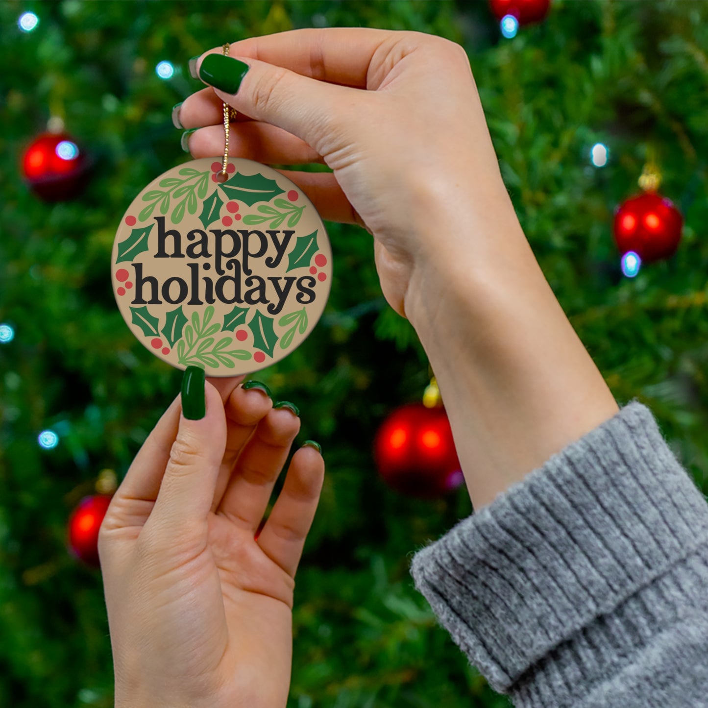 Happy Holidays Tan Ceramic Ornament