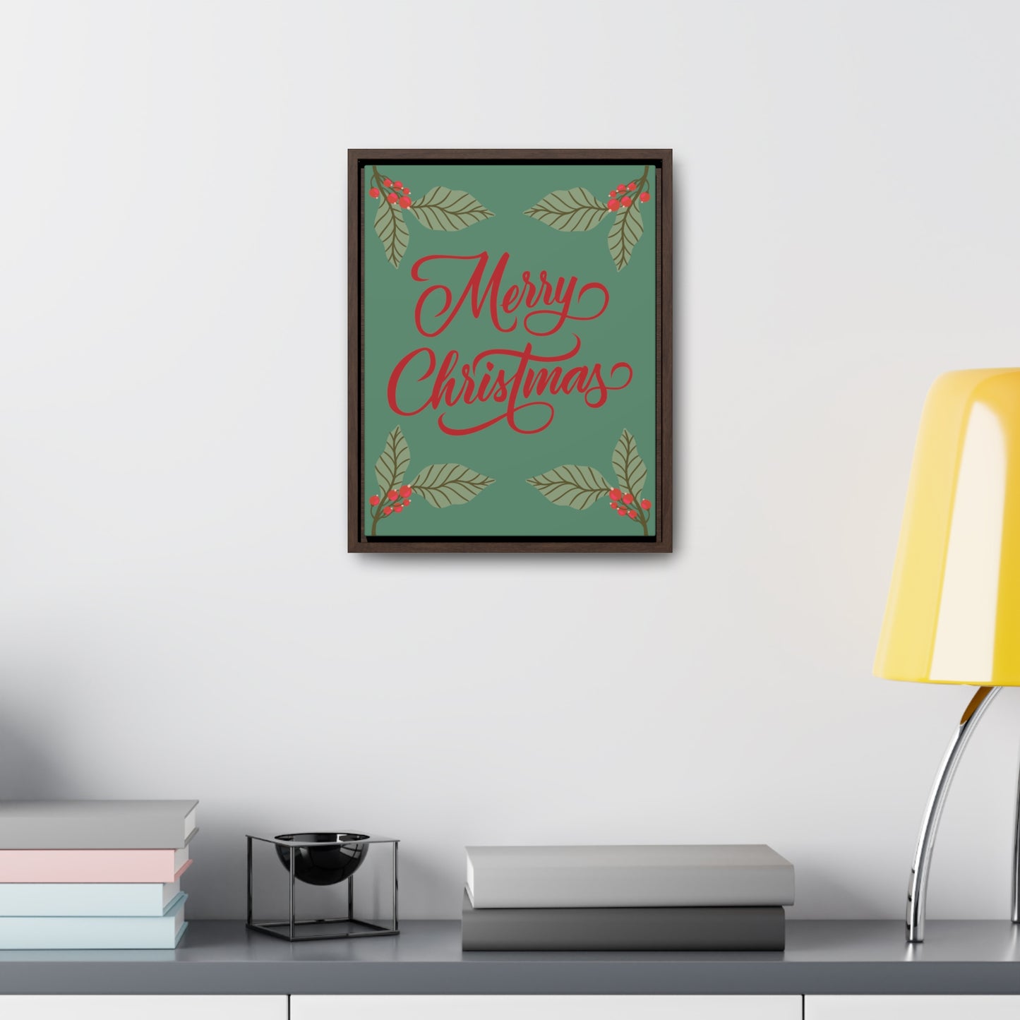 Merry Christmas Holly Berry Christmas Leaf Gallery Canvas Wraps, Vertical Frame