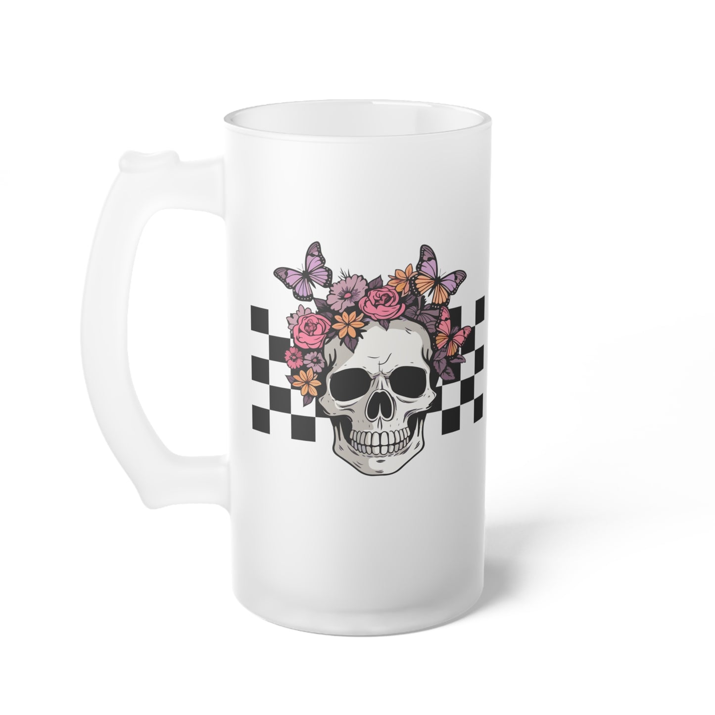 Floral Skeleton Head Hallowen/ Fall Logo Frosted Glass Beer Mug