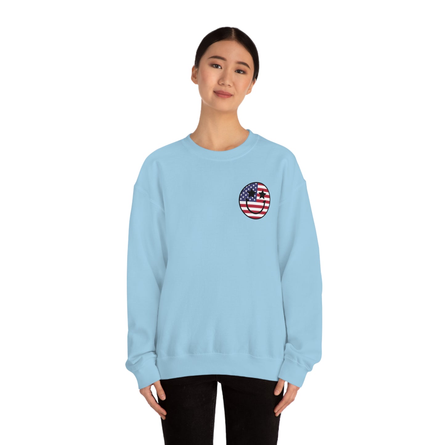 "Land of the Free Because of the Brave with Smiley Face Front" (Front & Back Design) - Unisex Heavy Blend™ Crewneck Sweatshirt