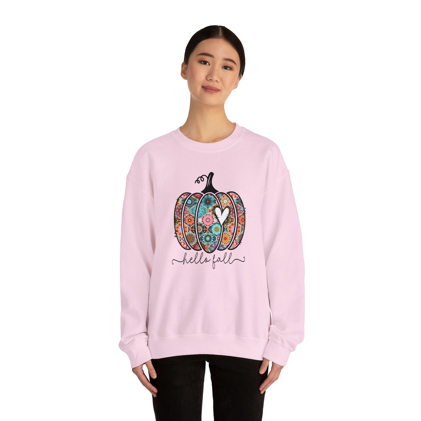 Hello Fall Print Pumpkin Fall Halloween Retro Warm Colored Unisex Heavy Blend™ Crewneck Sweatshirt