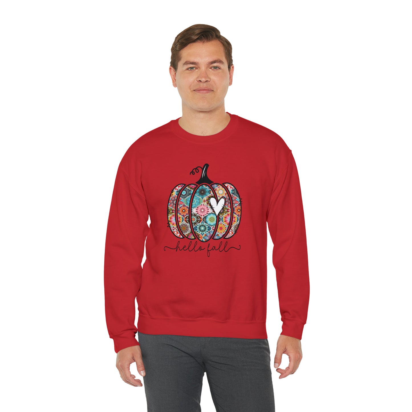 Hello Fall Print Pumpkin Fall Halloween Retro Warm Colored Unisex Heavy Blend™ Crewneck Sweatshirt
