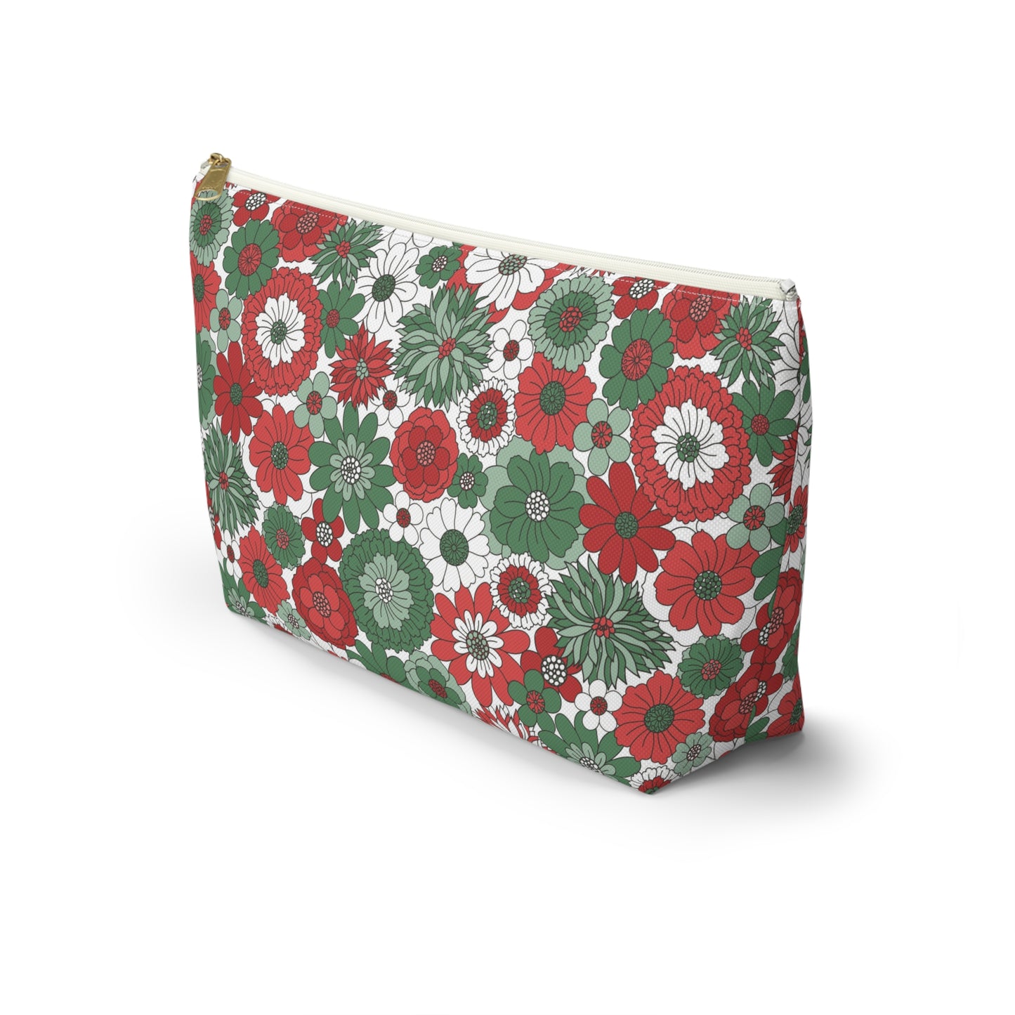 Retro Floral Christmas Red and Green Print Design Accessory Pouch w T-bottom