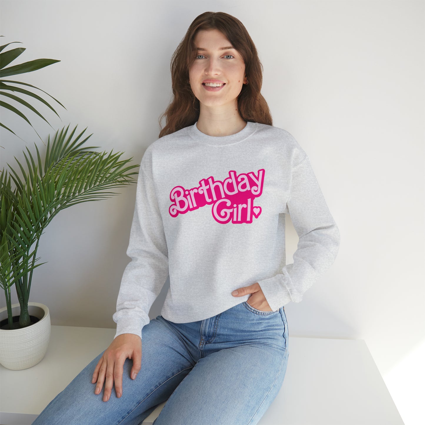 Birthday Girl with Hot Pink Barbie Font Heavy Blend™ Crewneck Sweatshirt
