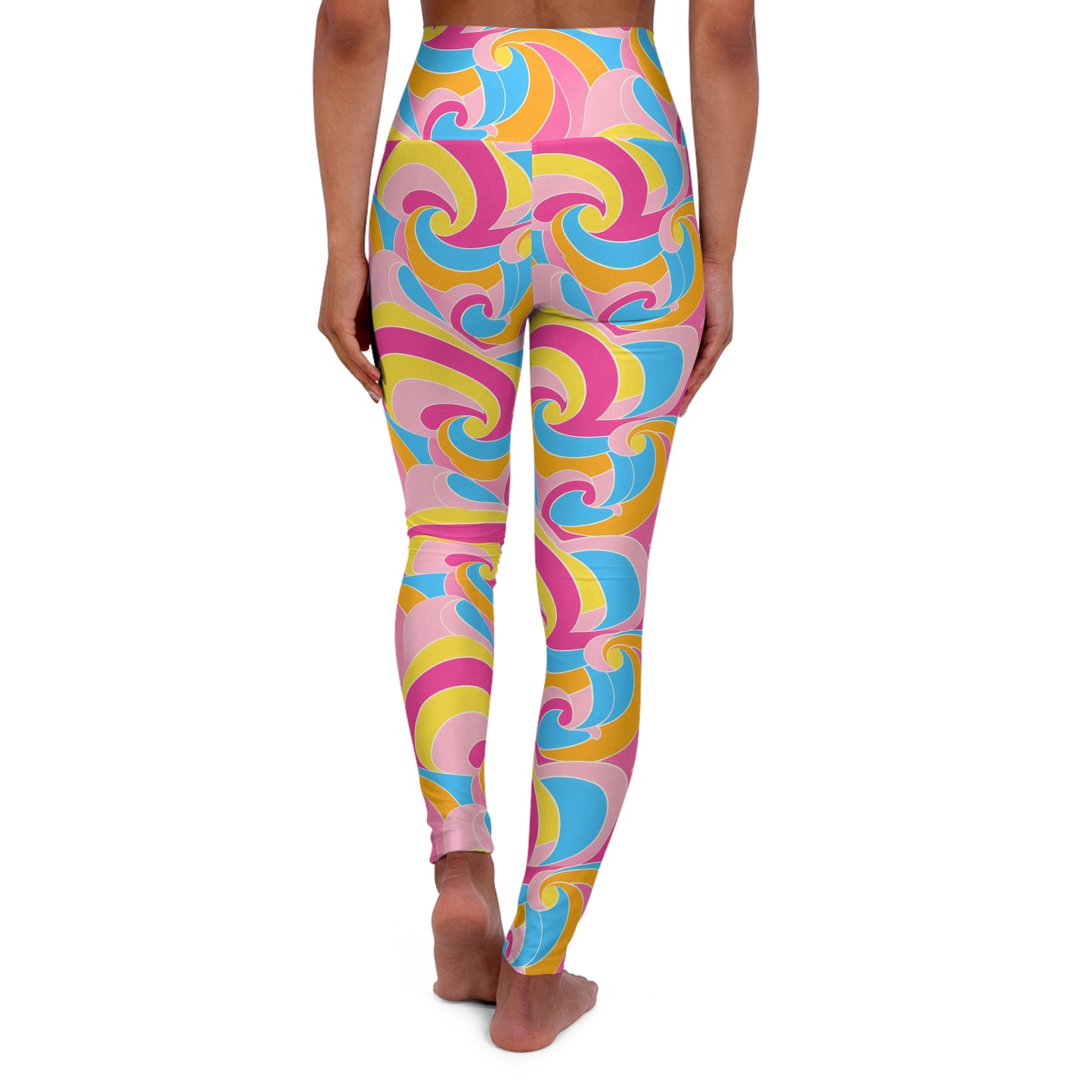 Retro Disco Neon Blue Pink and Yellow High Waisted Yoga Leggings