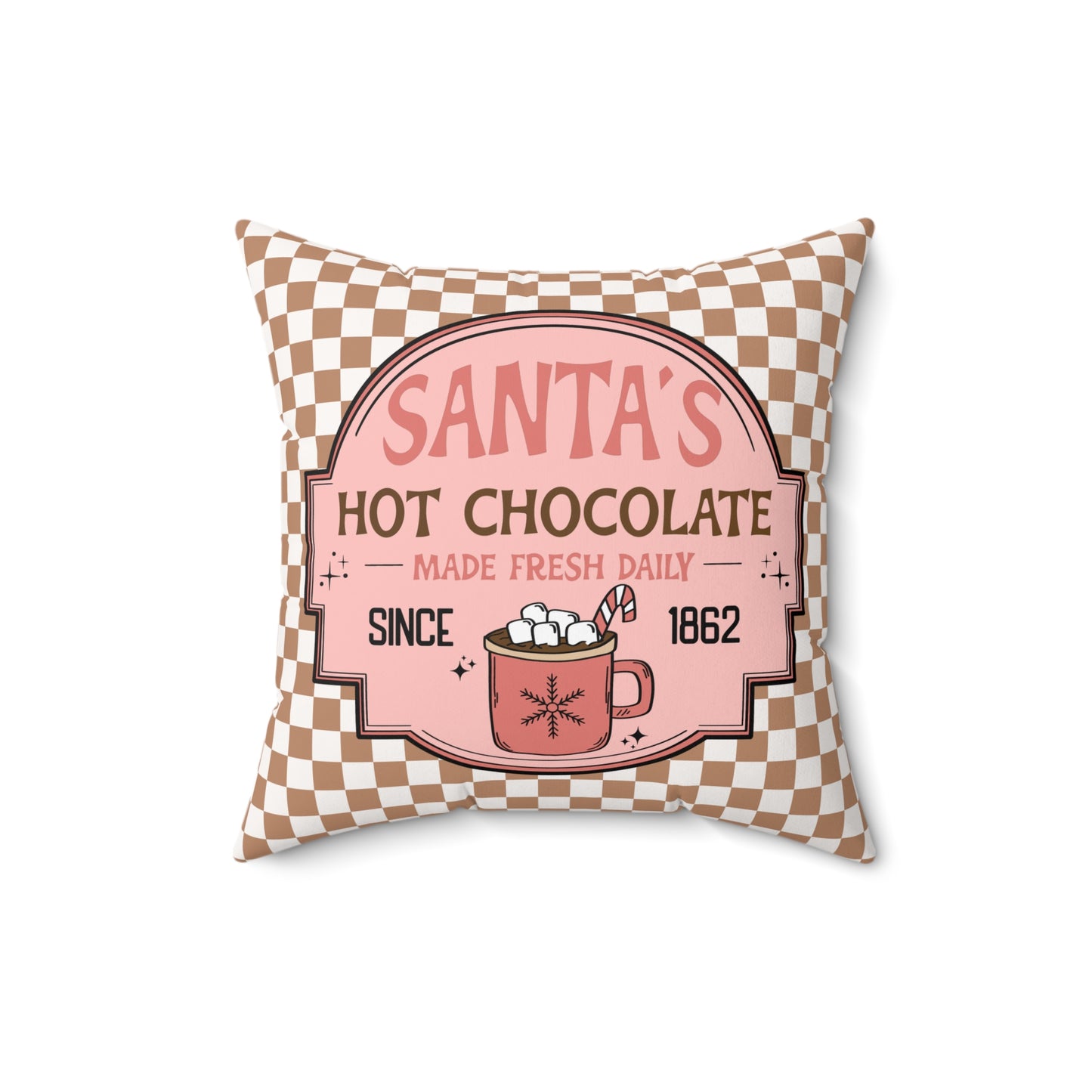Santa's Hot Chocolate Brown Checkerboard Christmas/ Holiday Polyester Square Pillow