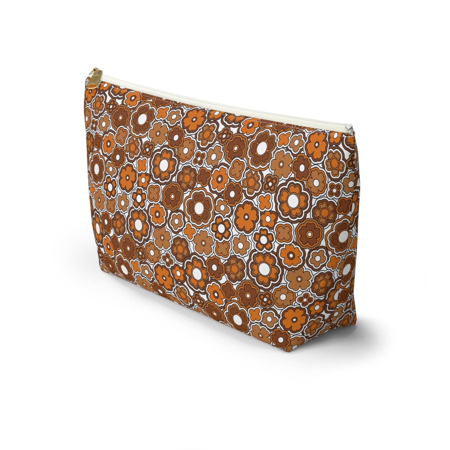 Flower Power Retro Brown Floral Print Design  Accessory Pouch w T-bottom