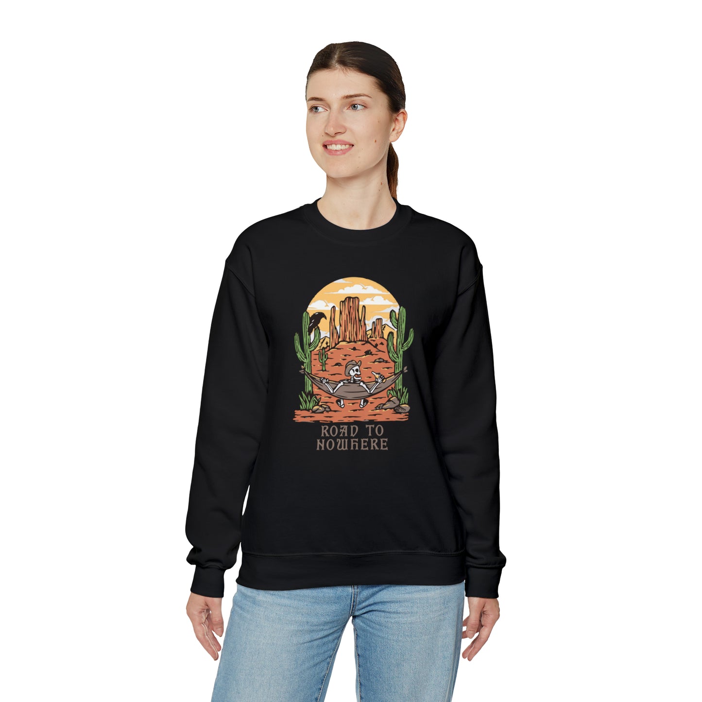 Road to Nowhere Skeleton Fall Halloween Retro Warm Colored Unisex Heavy Blend™ Crewneck Sweatshirt