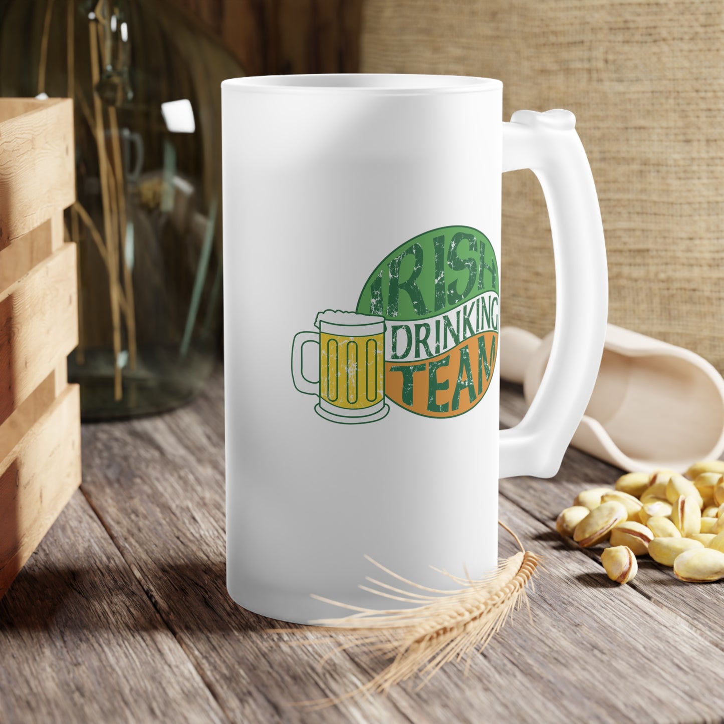 St. Patrick's Irish Drinking Team Shamrock patterned Frosted Glass Beer Mug