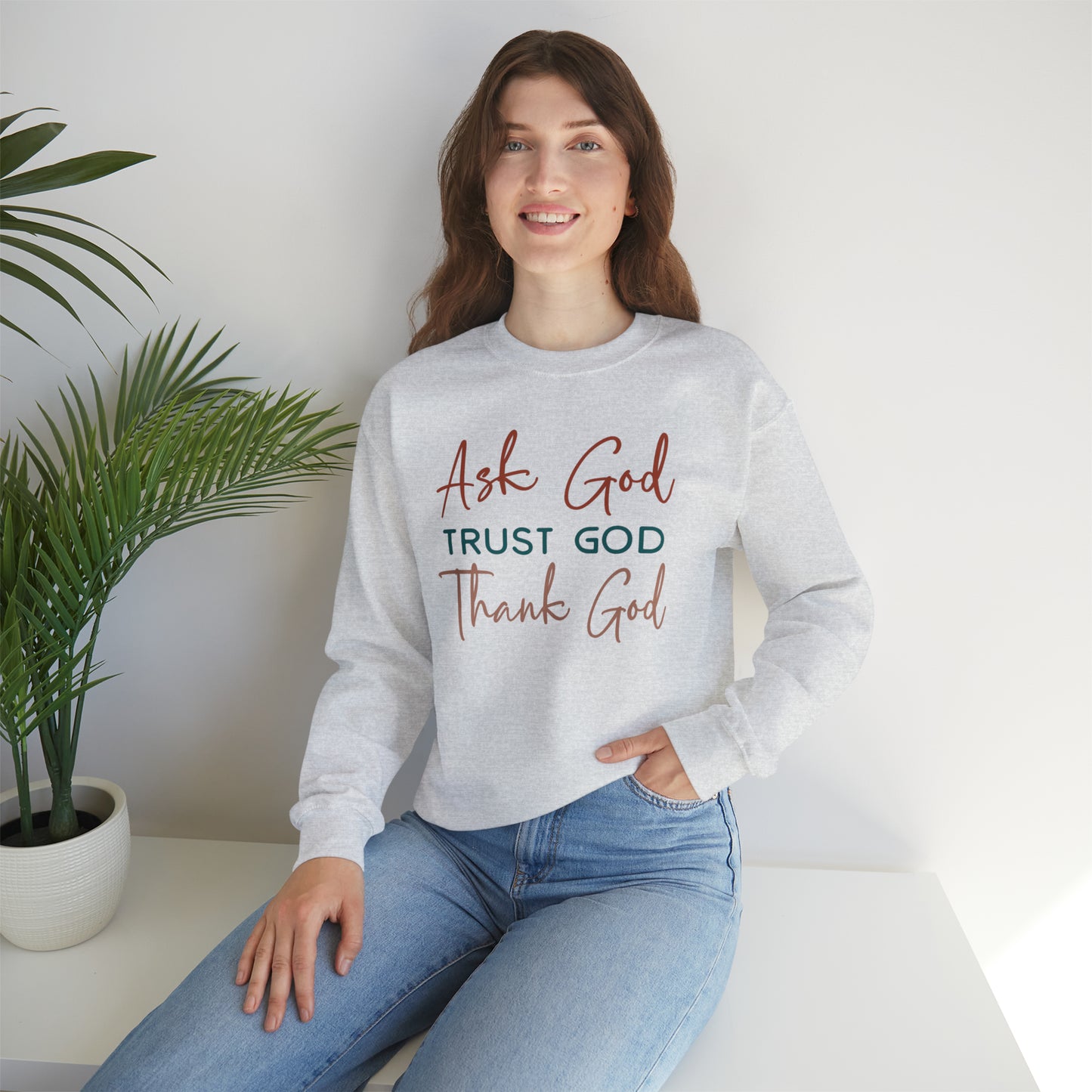 Ask God Trust God Thank God Boho Color Print Heavy Blend™ Crewneck Sweatshirt