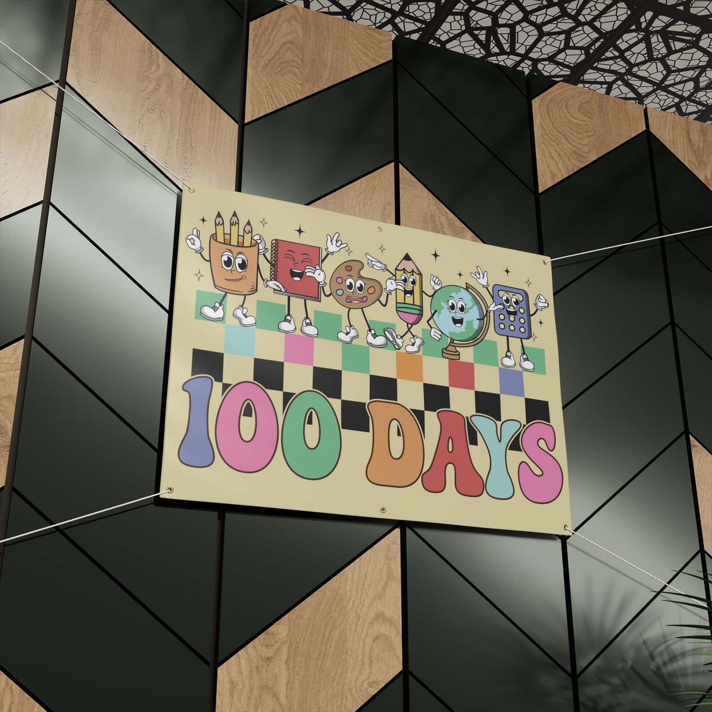 100 Days of School School Checkerboard Supply Characters Matte Banner