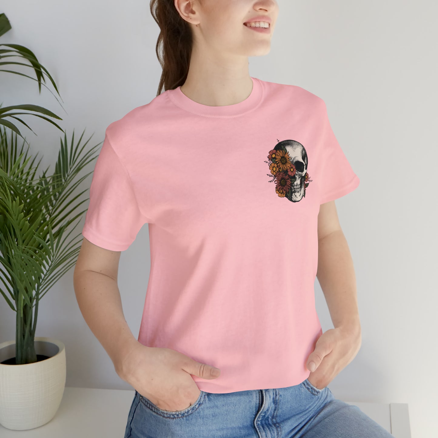 Floral Skeleton Head Front and Back Design T-Shirt