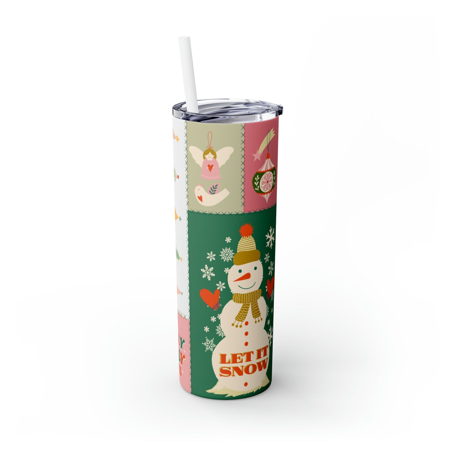 Boho Christmas Printed Holiday Skinny Tumbler with Straw, 20oz