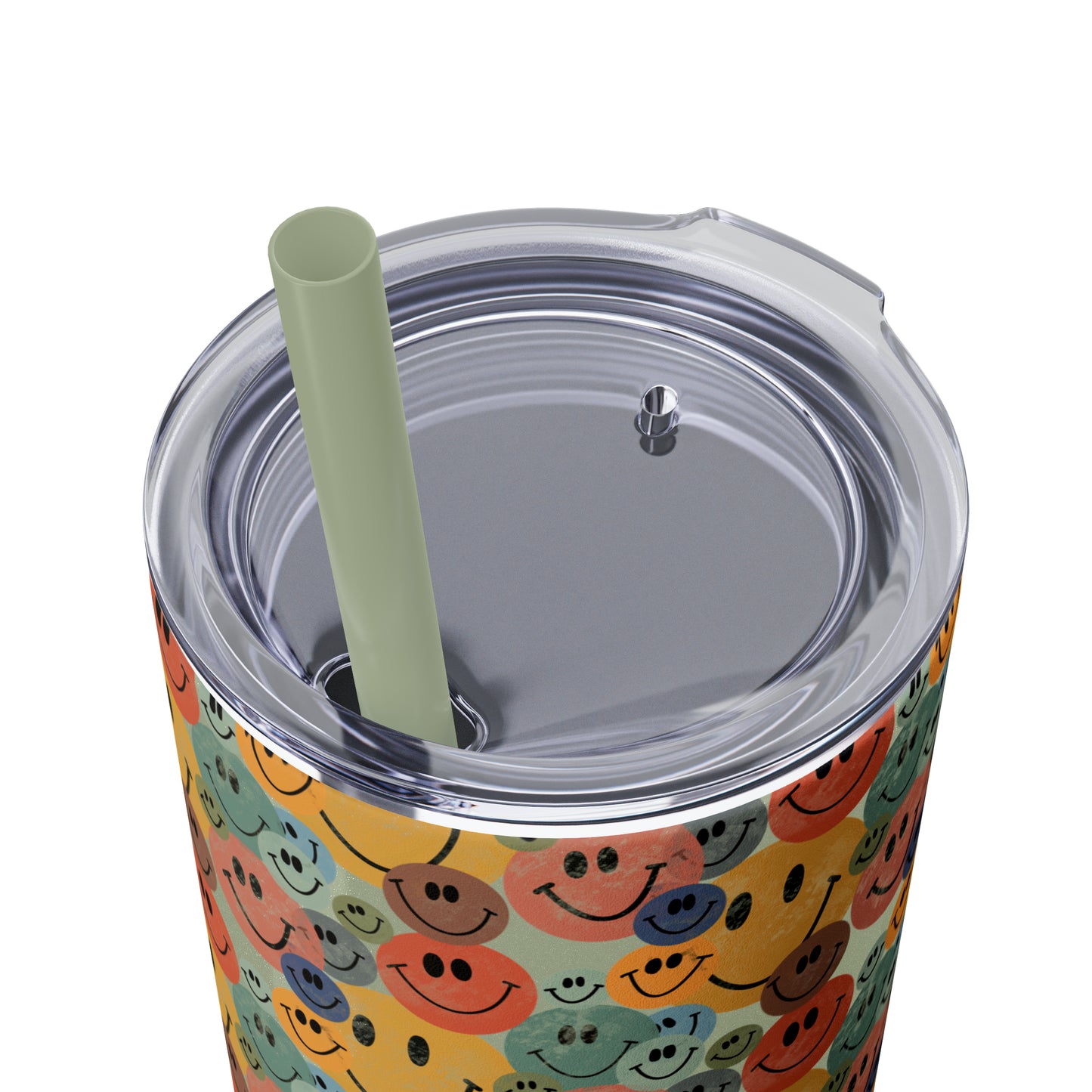 Old School Smiley Face Stickers Patterned Skinny Tumbler with Straw, 20oz
