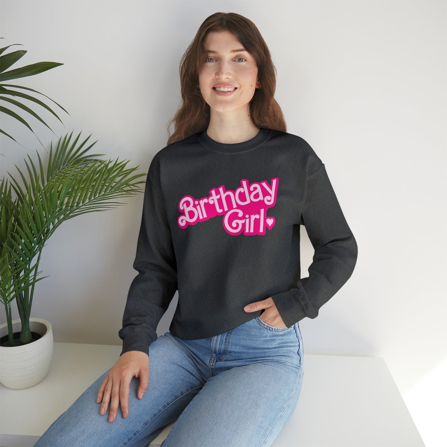 Birthday Girl with Hot Pink Barbie Font Heavy Blend™ Crewneck Sweatshirt