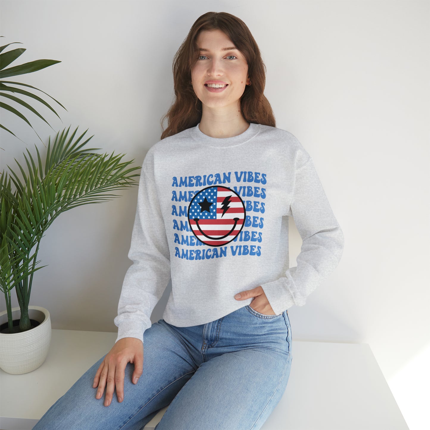 USA American Vibes Flag Smiley Face Heavy Blend™ Crewneck Sweatshirt