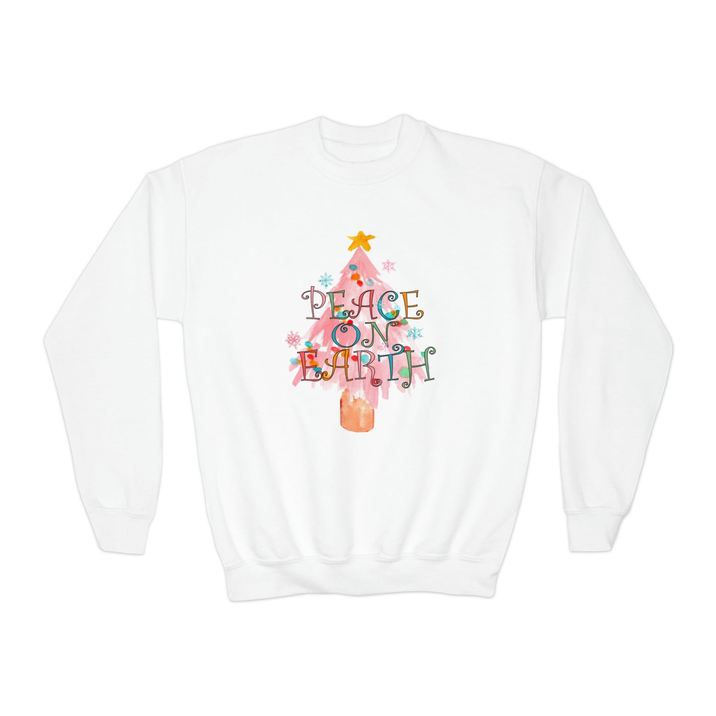 YOUTH - Peace on Earth Pink Christmas Tree/ Holiday Youth Crewneck Sweatshirt