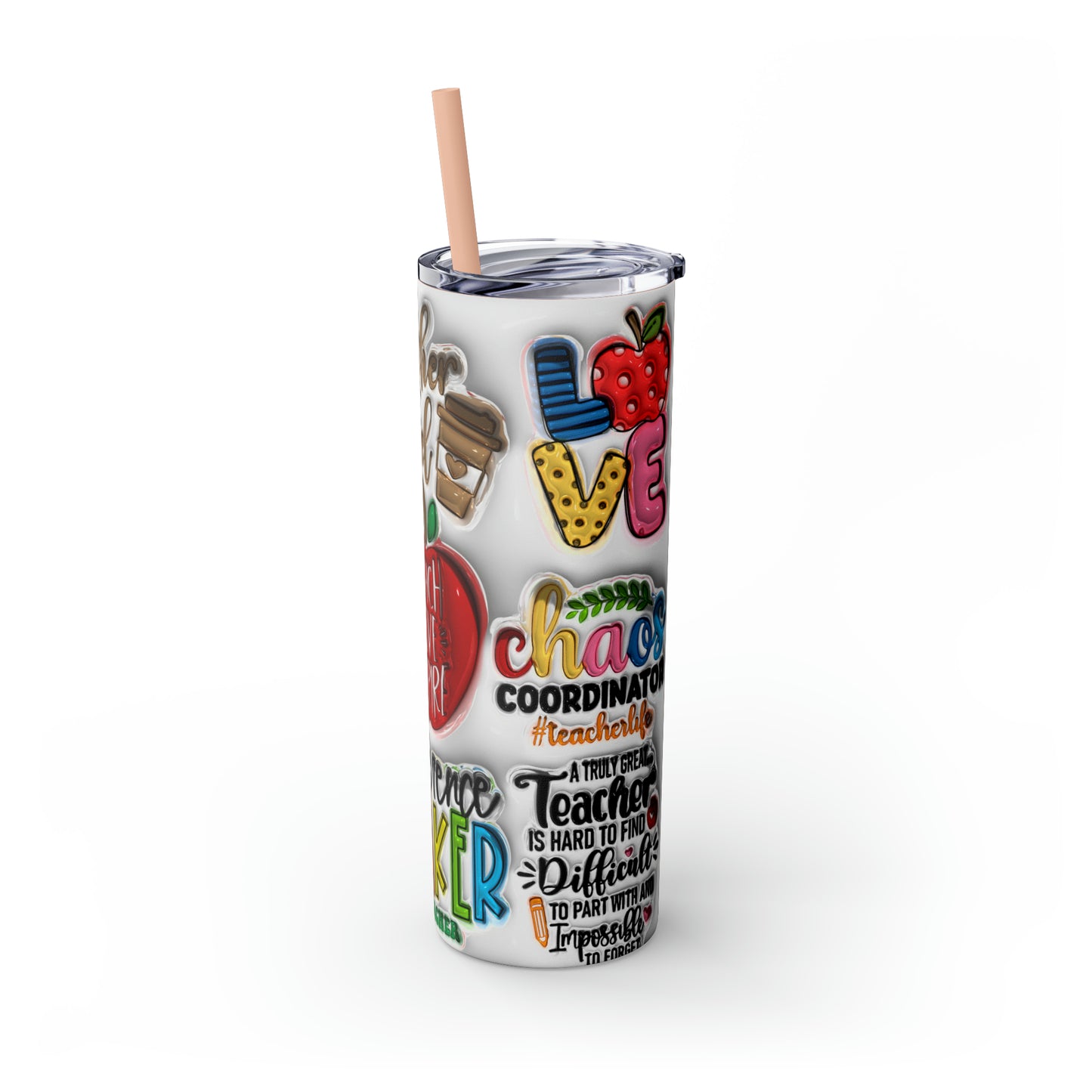 A+ Teacher Quotes Collage Skinny Tumbler with Straw, 20oz
