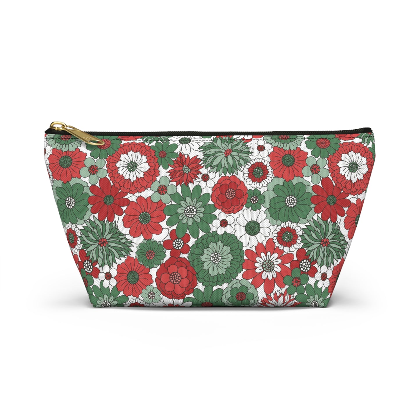 Retro Floral Christmas Red and Green Print Design Accessory Pouch w T-bottom