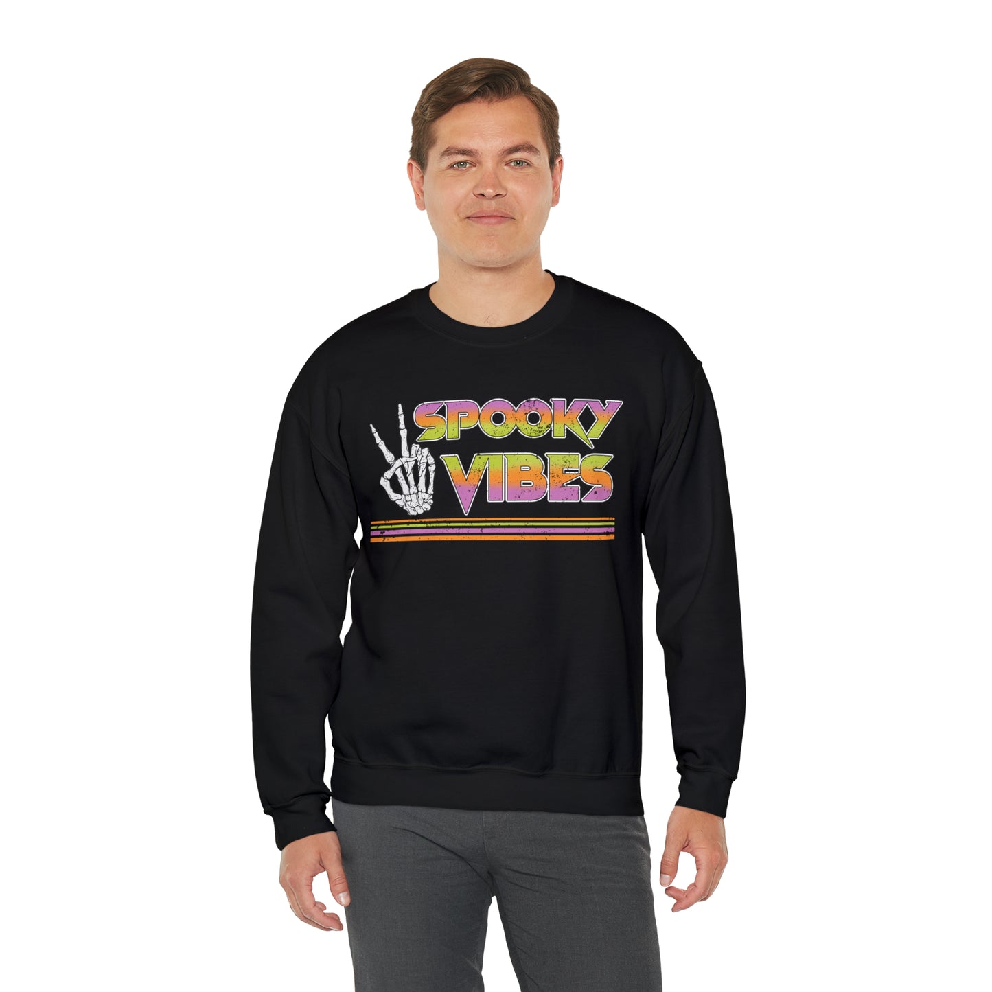 Spooky 80's Vibes Vintage Skeleton Piece Sign Fall Halloween Unisex Heavy Blend™ Crewneck Sweatshirt