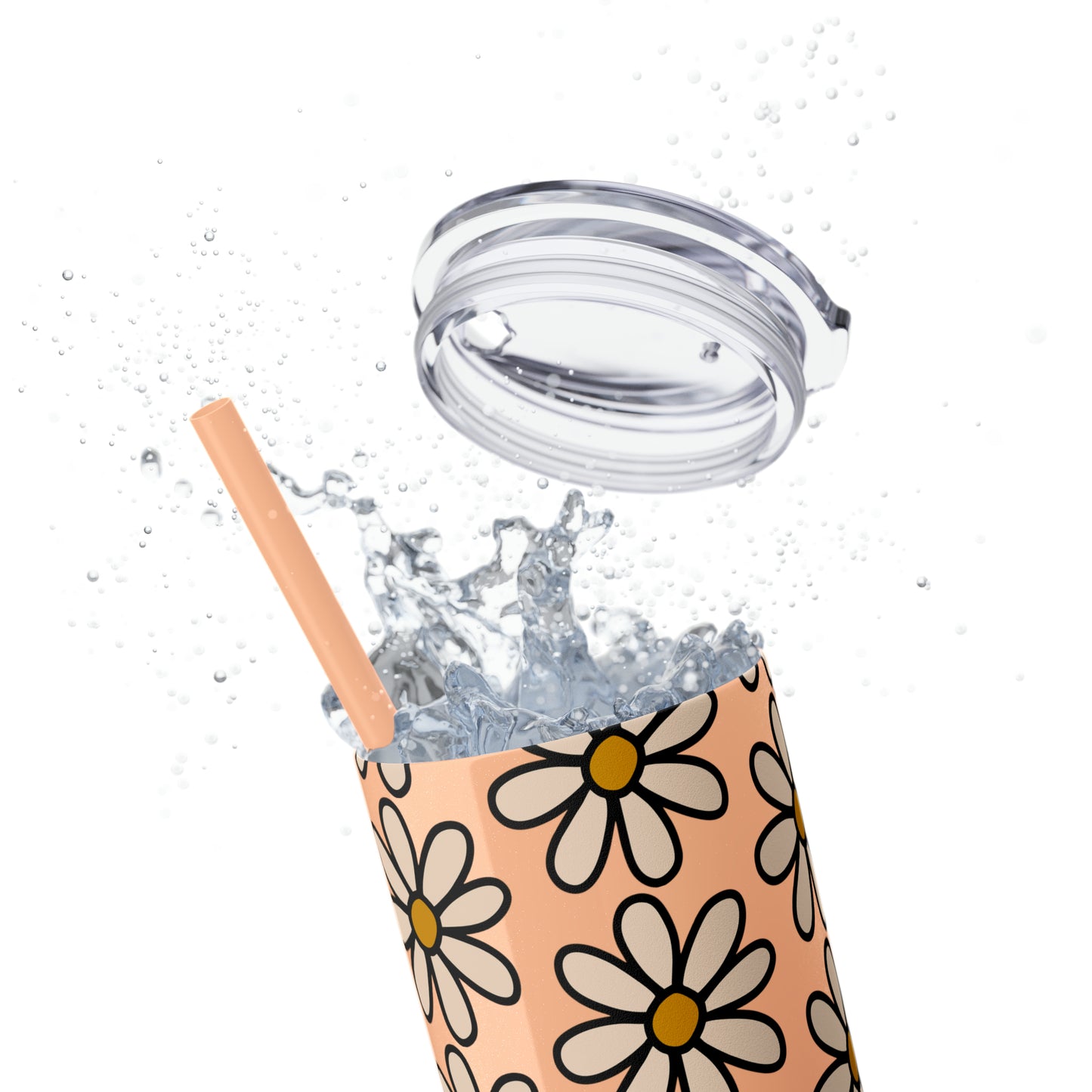 Peach Daisy Print Skinny Tumbler with Straw, 20oz