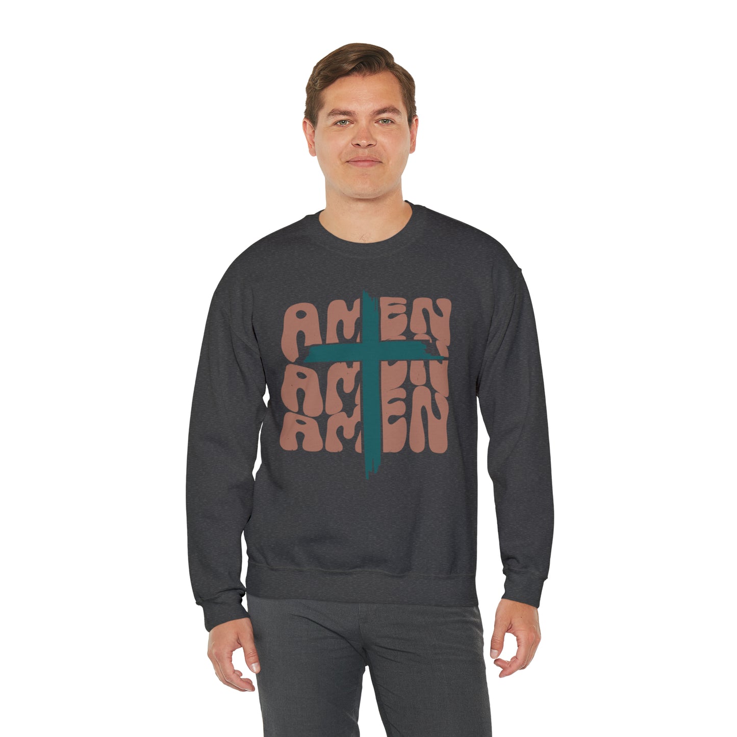 Vintage Amen Amen Amen with Cross Design Boho Color Print Heavy Blend™ Crewneck Sweatshirt
