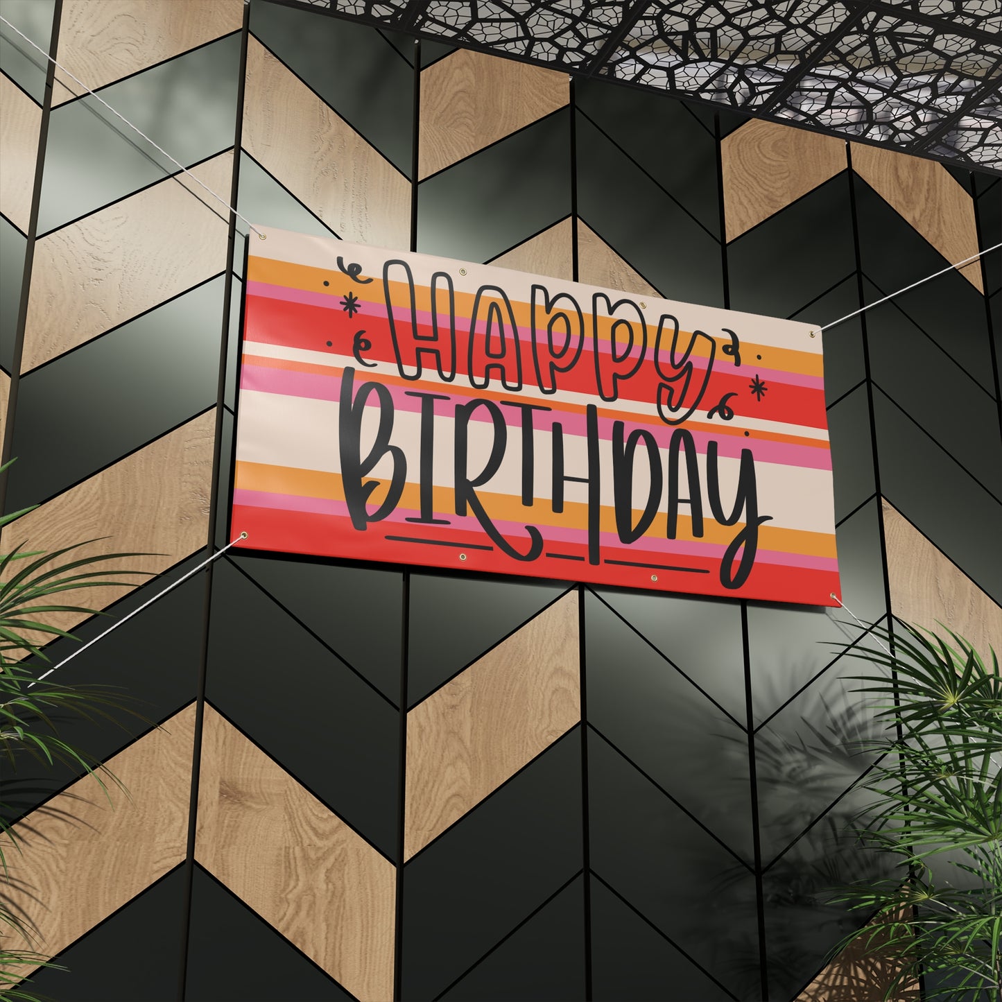 Retro Stripped Happy Birthday Matte Banner - Pink