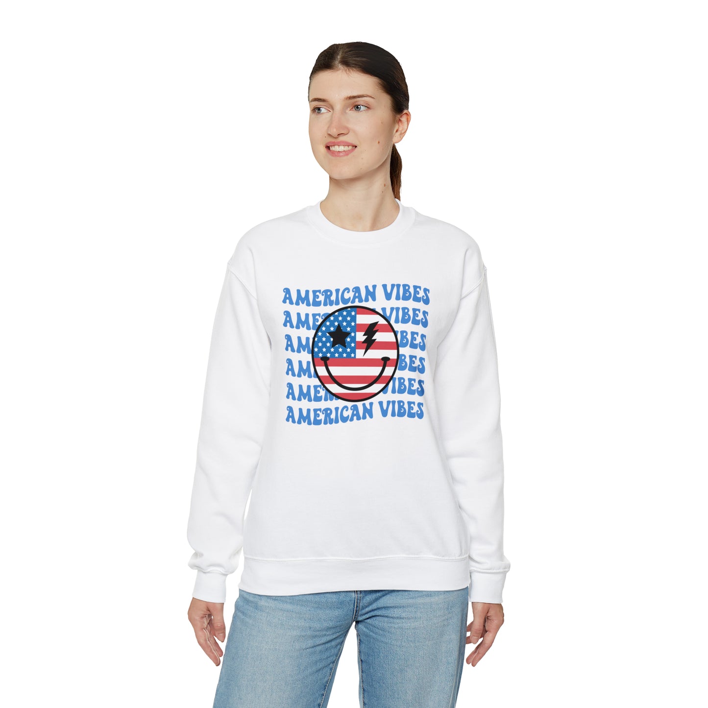 USA American Vibes Flag Smiley Face Heavy Blend™ Crewneck Sweatshirt