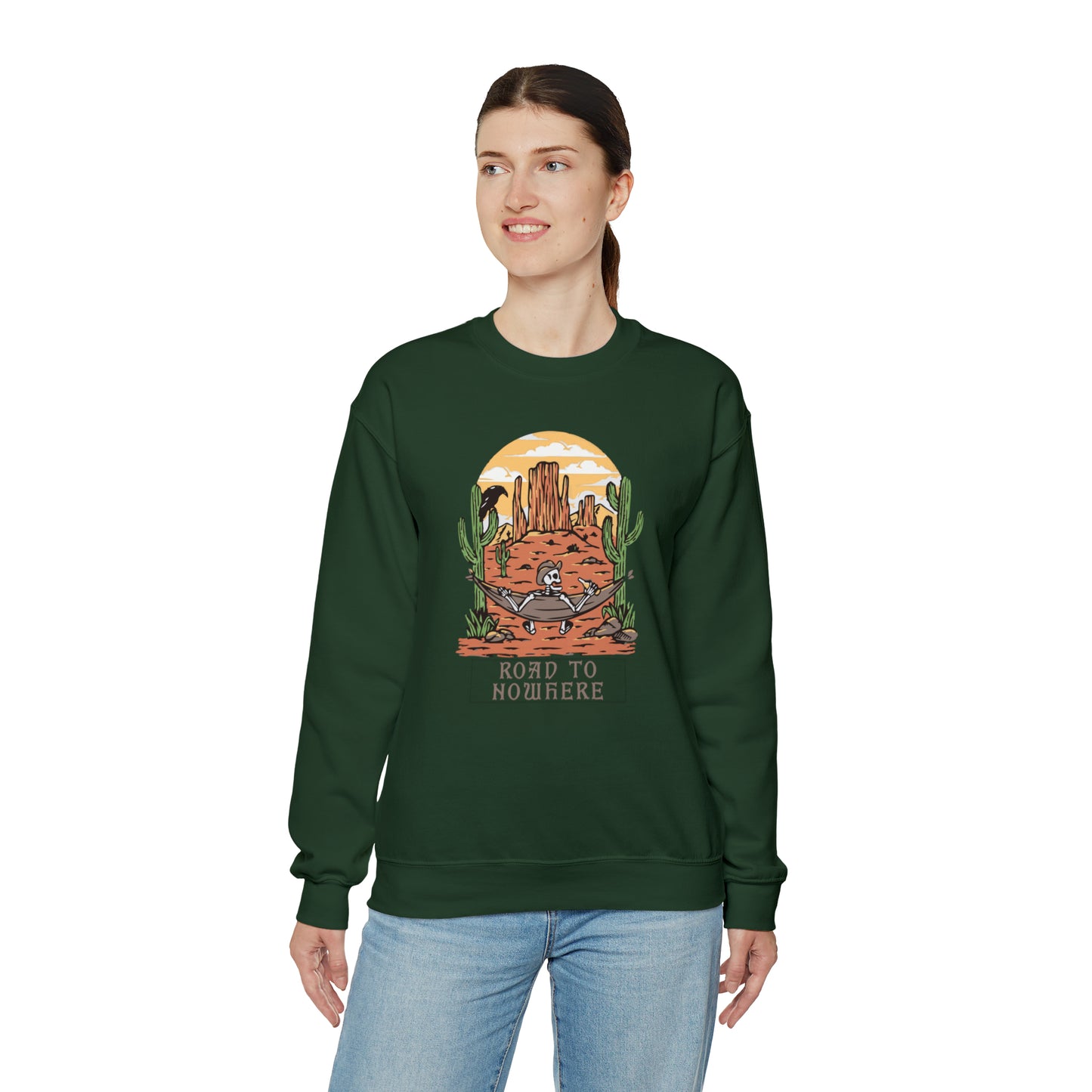 Road to Nowhere Skeleton Fall Halloween Retro Warm Colored Unisex Heavy Blend™ Crewneck Sweatshirt