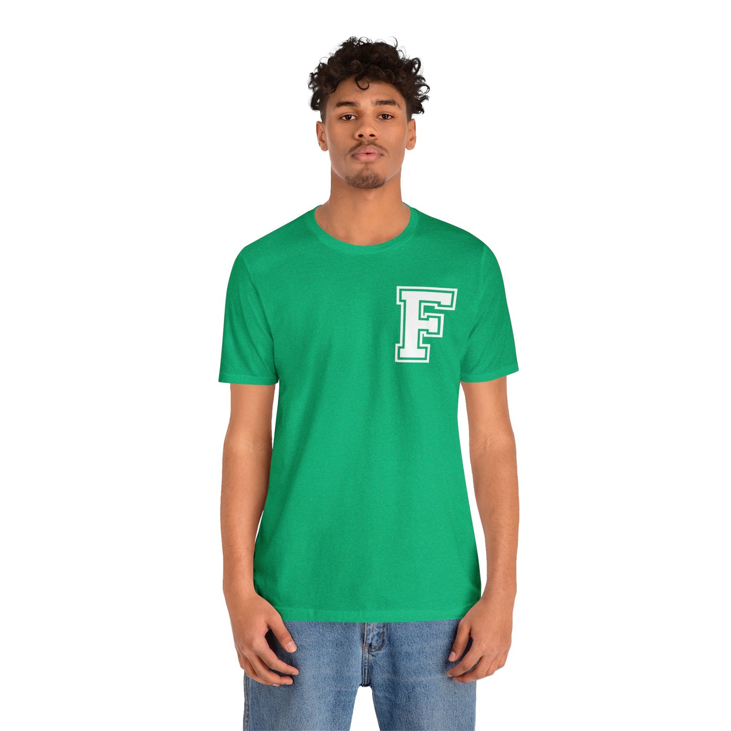 Front and Back Design - Varsity F Vertical Freeburg Midgets Logo Bella Jersey Short Sleeve Tee (Unisex)