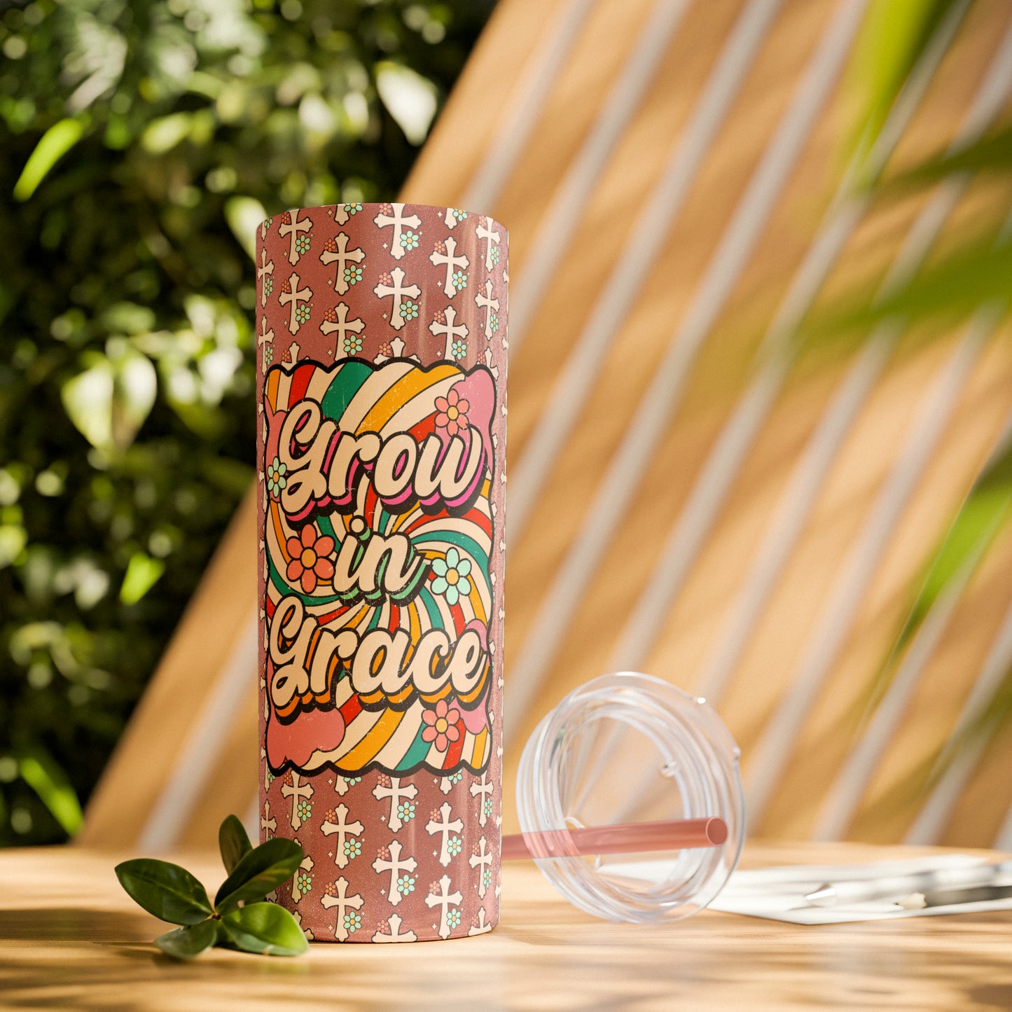 Grow in Grace with Daisy Crosses Christian Skinny Tumbler with Straw, 20oz
