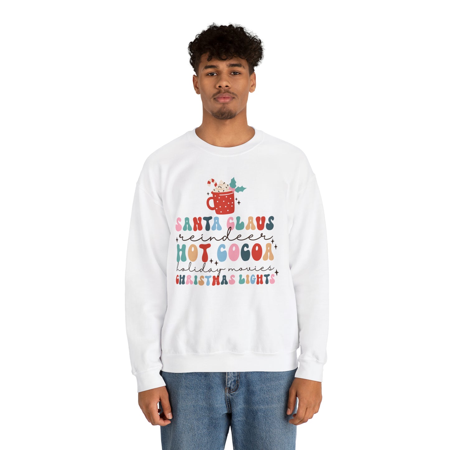 Santa Claus Reindeer Hot Cocoa Christmas Lights Heavyweight Crewneck Sweatshirt