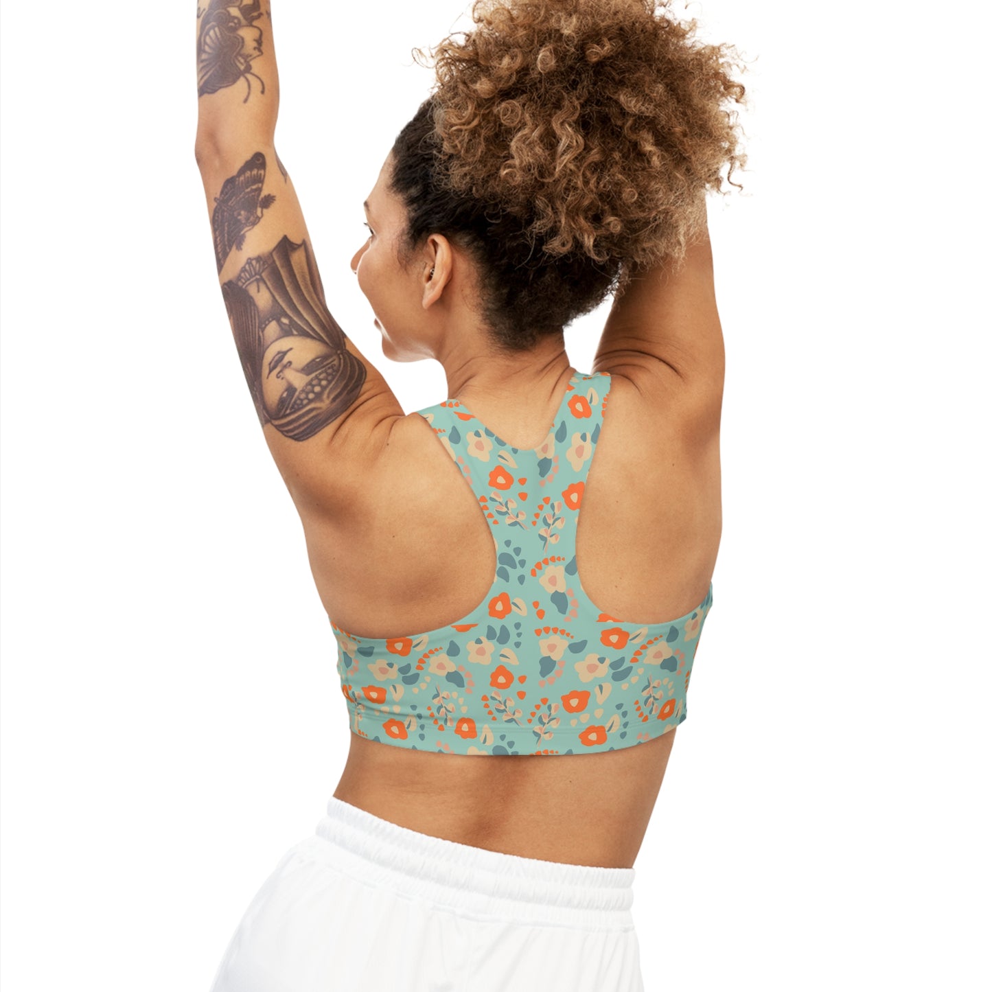 Boho Blue and Orange Dainty Floral Seamless Sports Bra