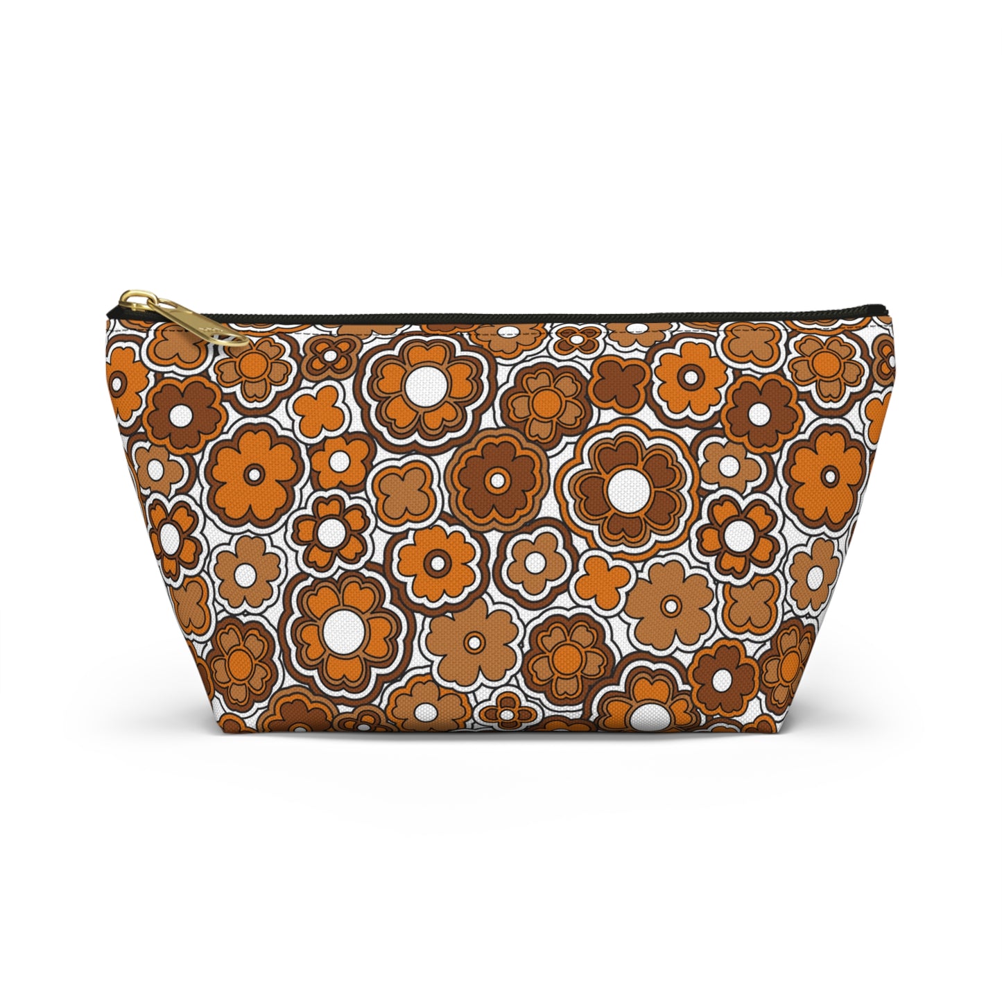 Flower Power Retro Brown Print Accessory Pouch w T-bottom