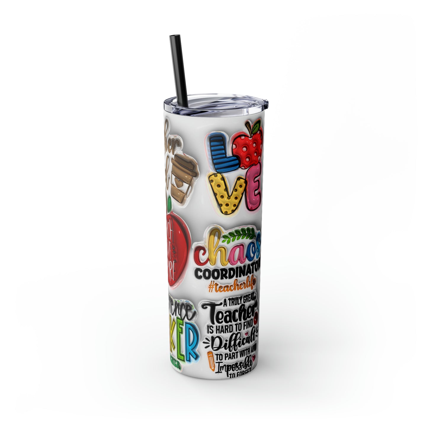A+ Teacher Quotes Collage Skinny Tumbler with Straw, 20oz