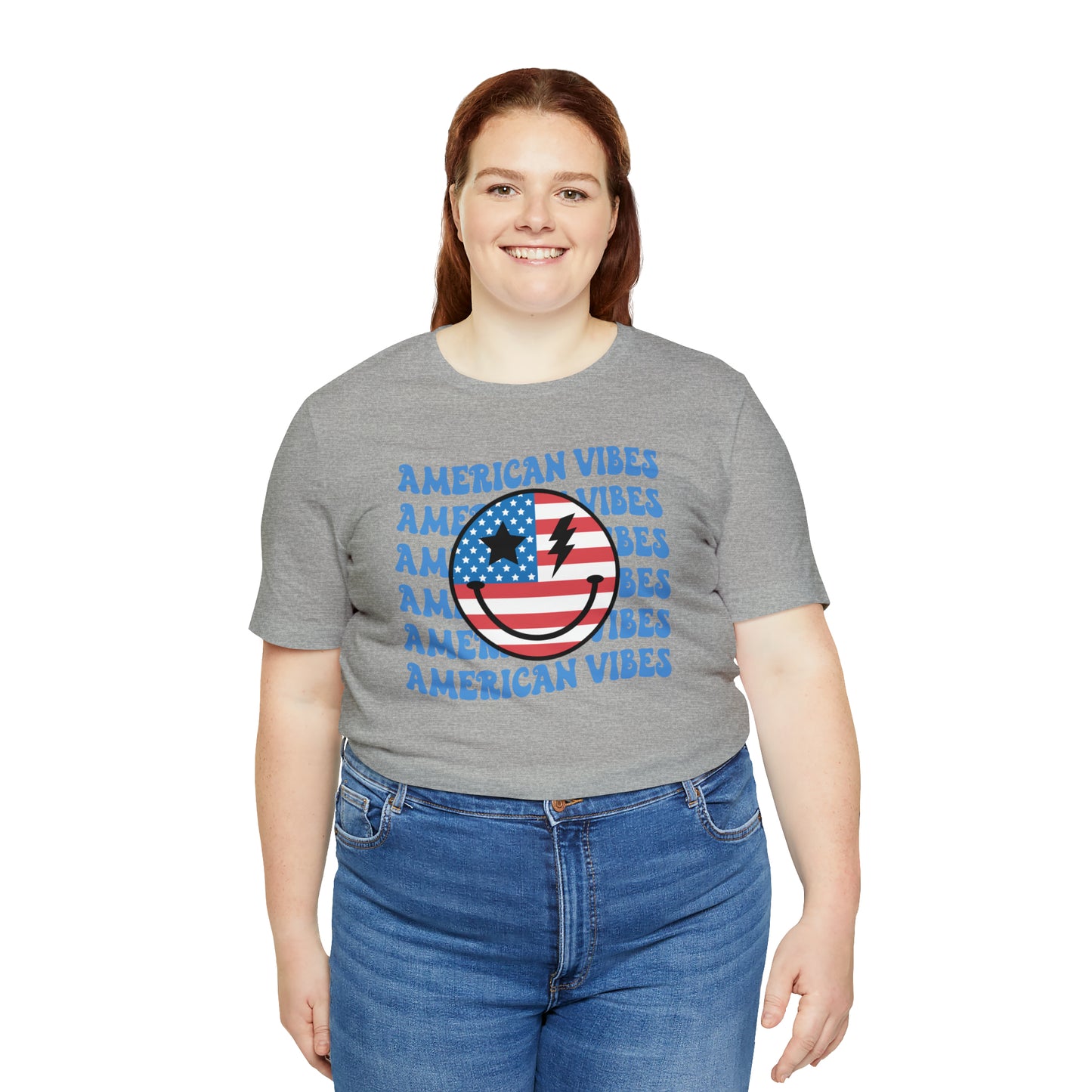 USA American Vibes American Flag Smiley Face Unisex Jersey Short Sleeve Tee