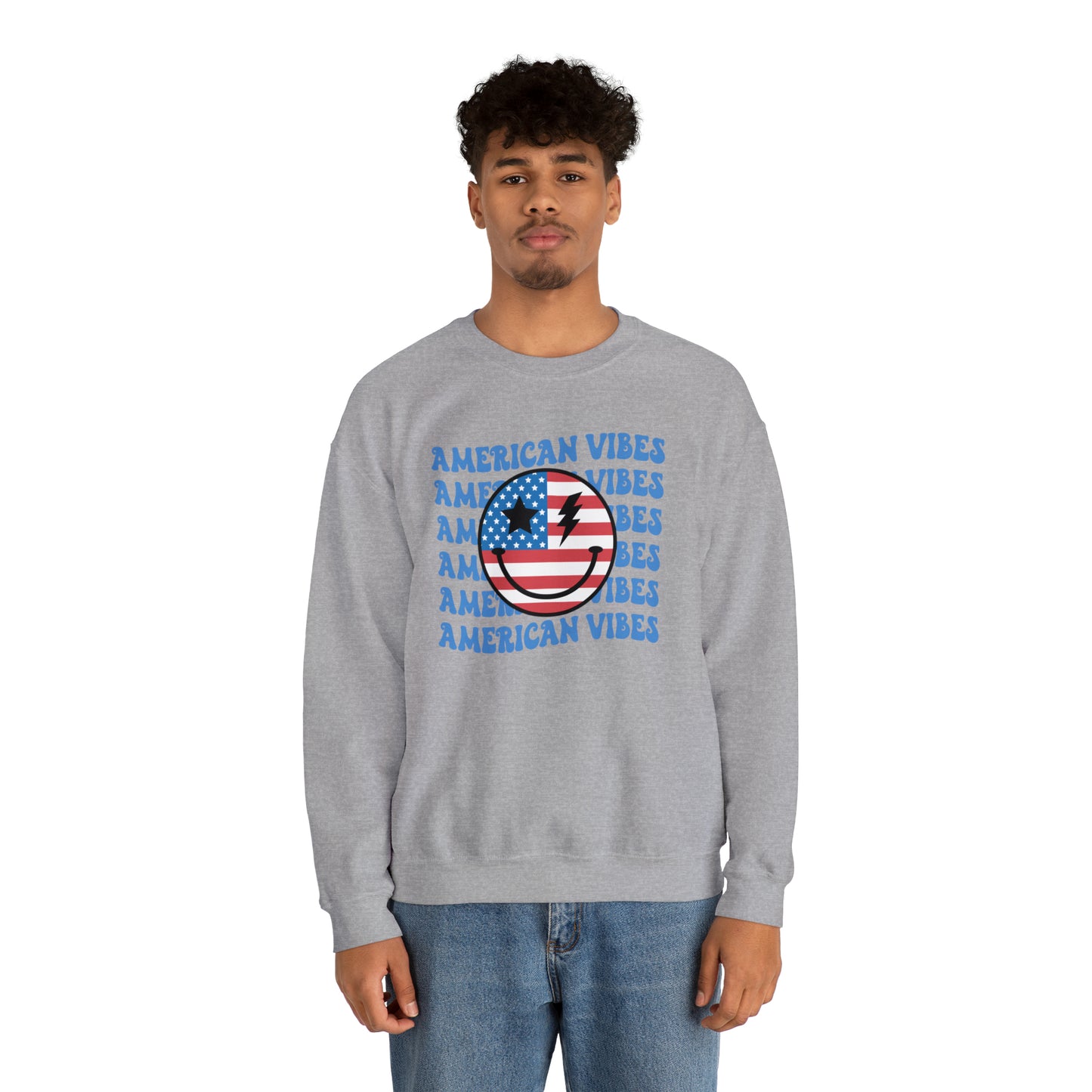 USA American Vibes Flag Smiley Face Heavy Blend™ Crewneck Sweatshirt