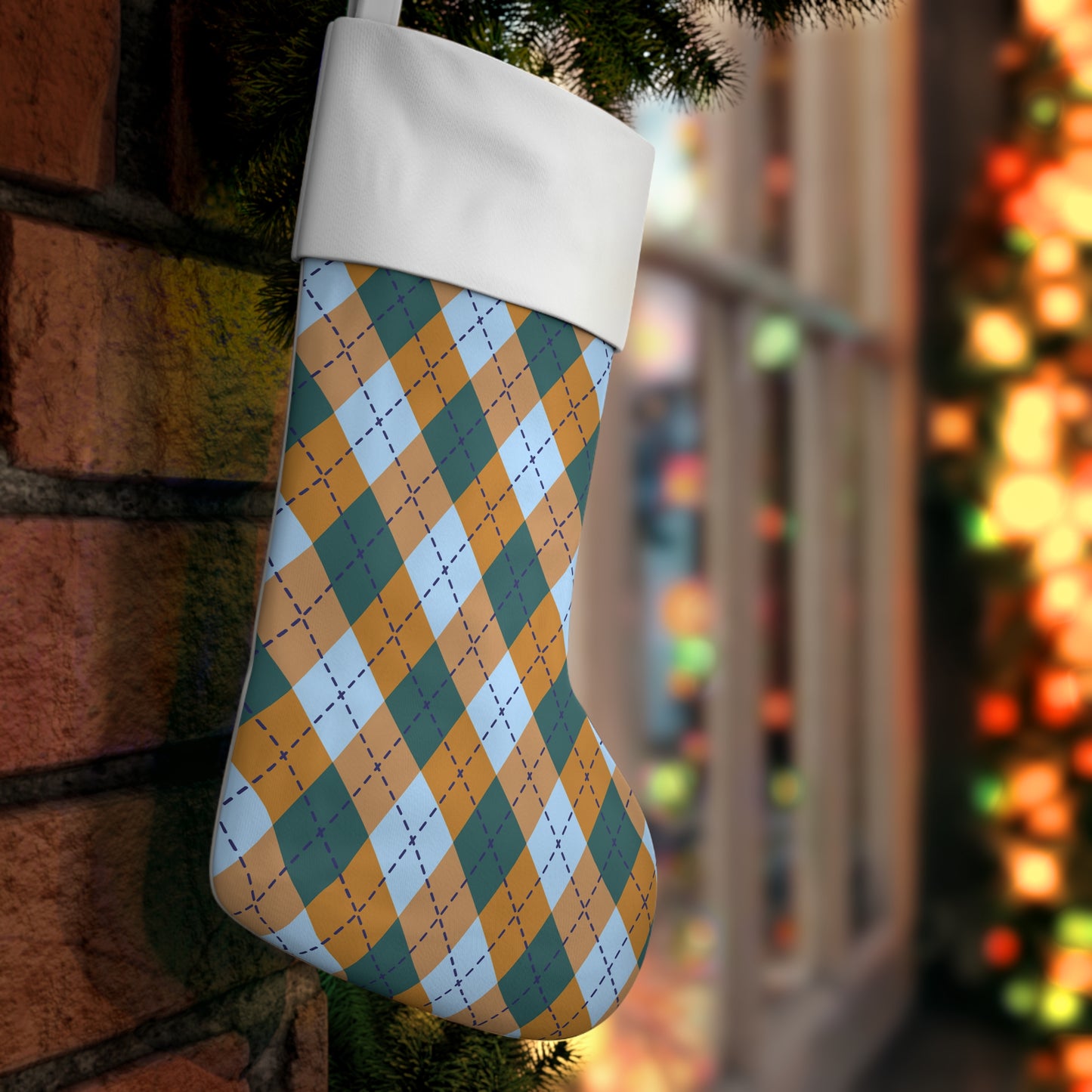 Gold and Blue Argyle Holiday Stocking