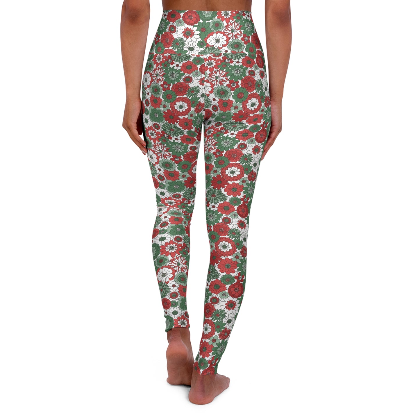 Christmas Green Red and White Floral High Waisted Yoga Leggings
