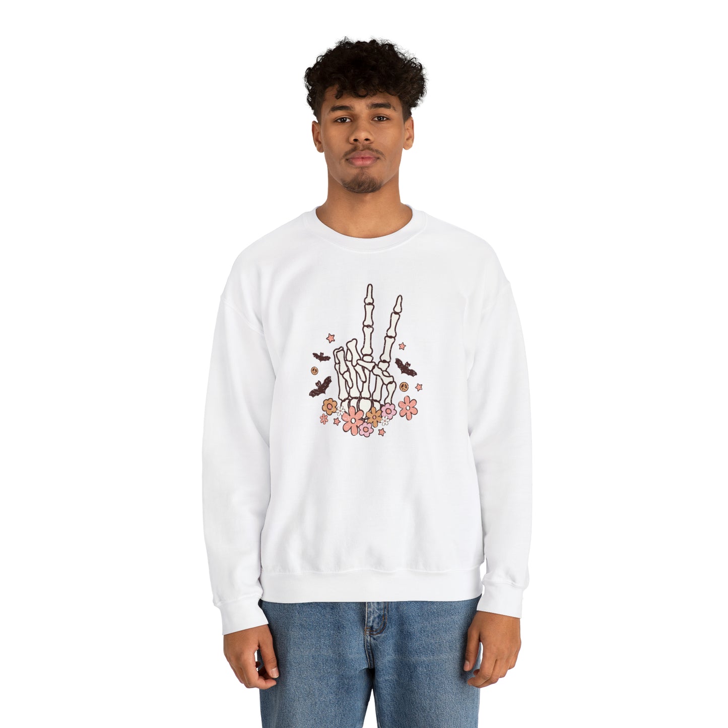 Boho Skeleton Floral Piece Sign Hand Fall Halloween Retro Warm Colored Unisex Heavy Blend™ Crewneck Sweatshirt