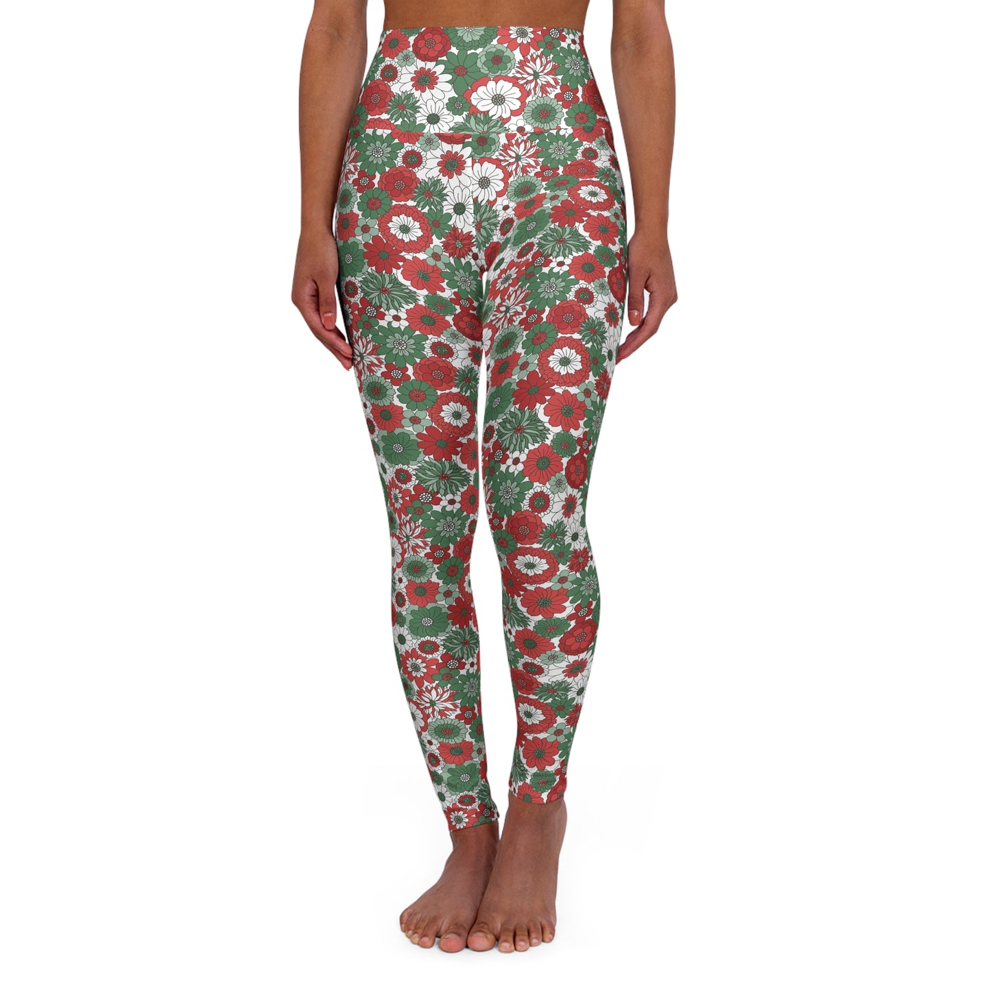 Christmas Green Red and White Floral High Waisted Yoga Leggings