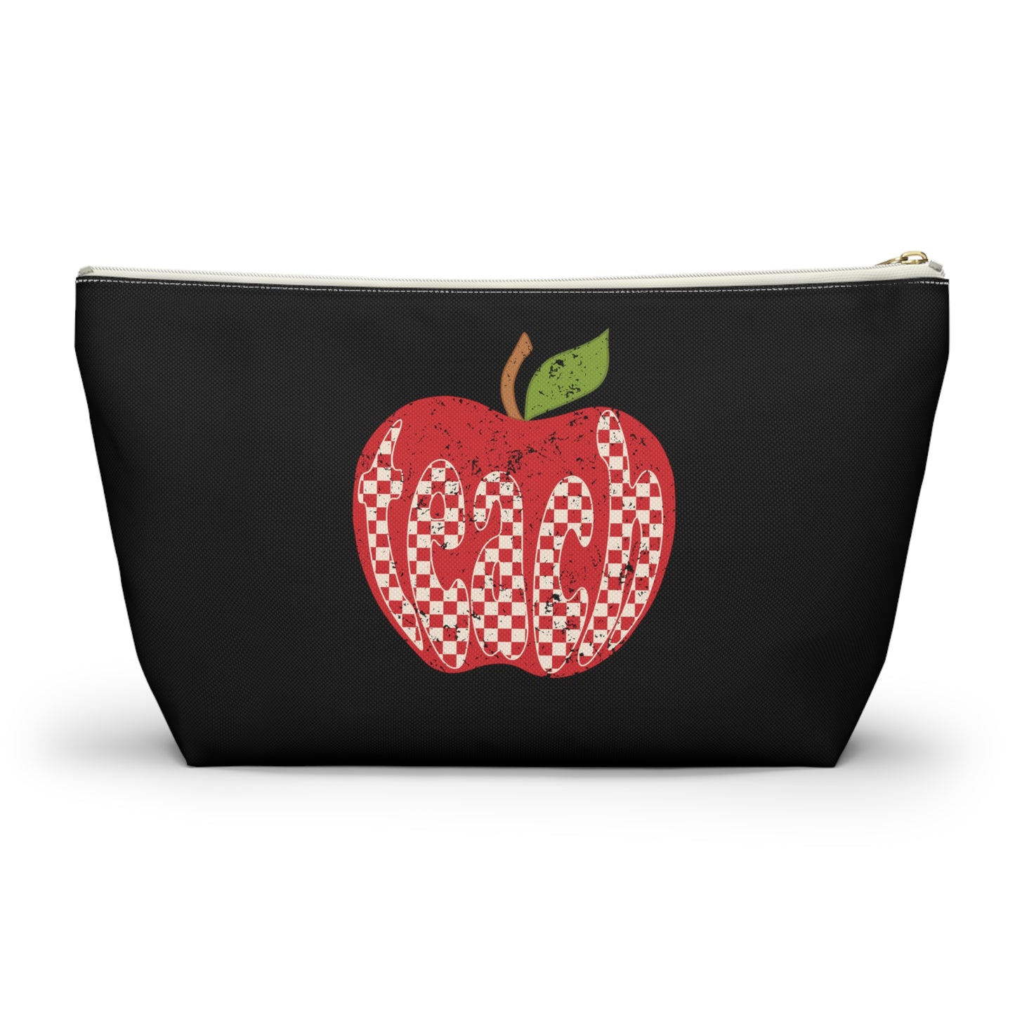Distressed Teacher Checkered Apple Print Design Accessory Pouch w T-bottom - Black