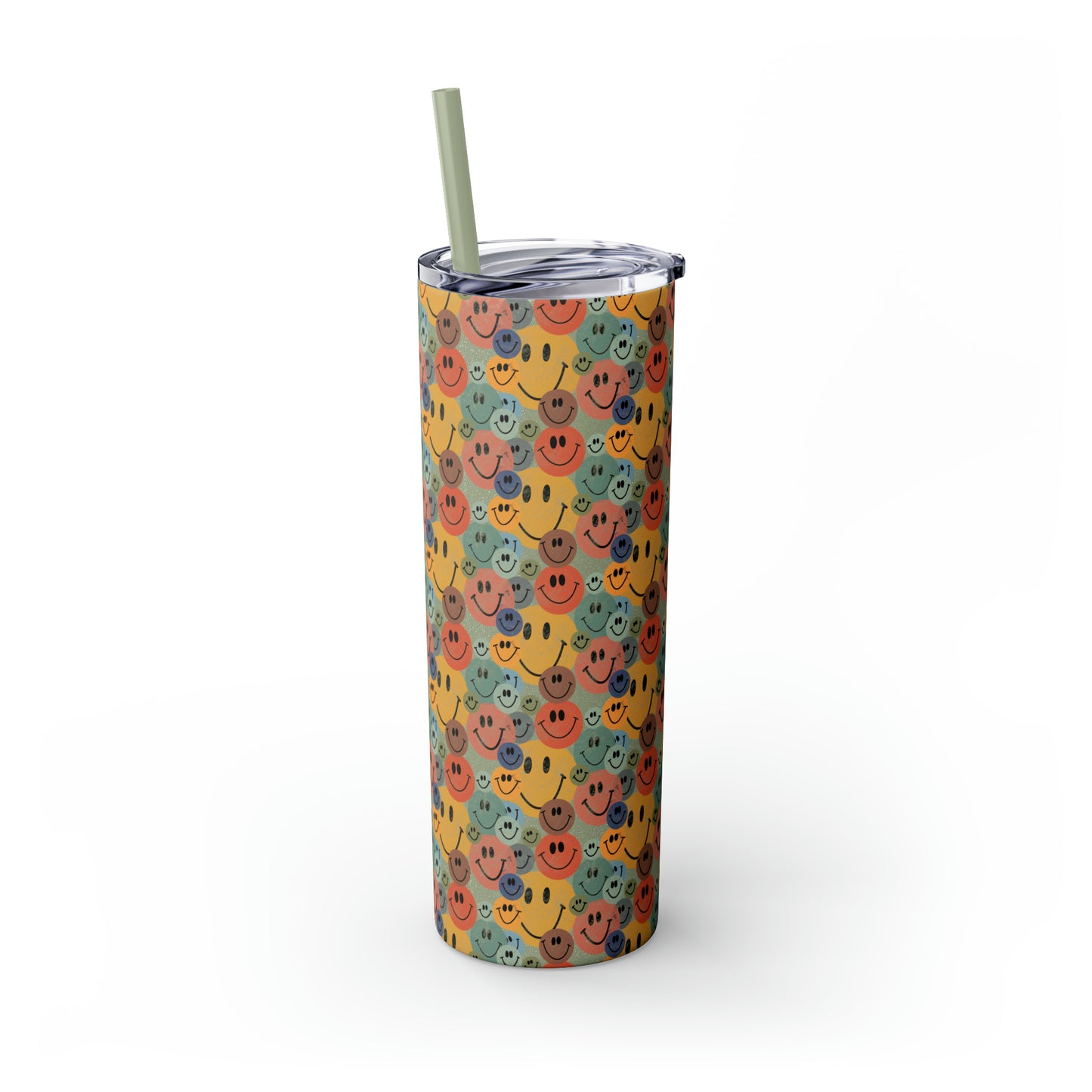 Old School Smiley Face Stickers Patterned Skinny Tumbler with Straw, 20oz
